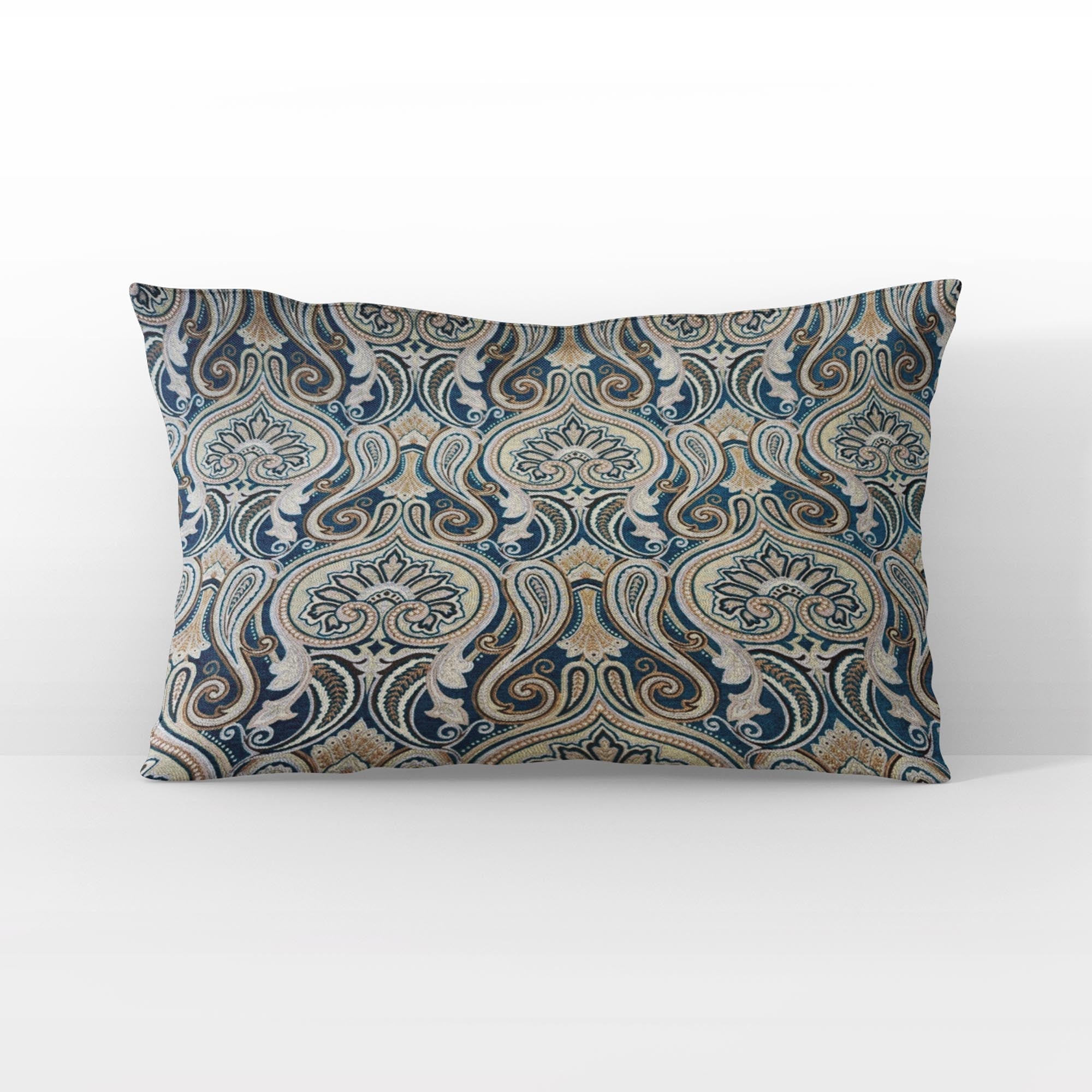 Plutus Blue Gold Beige Majestic Swirl Paisley Luxury Throw Pillow-3