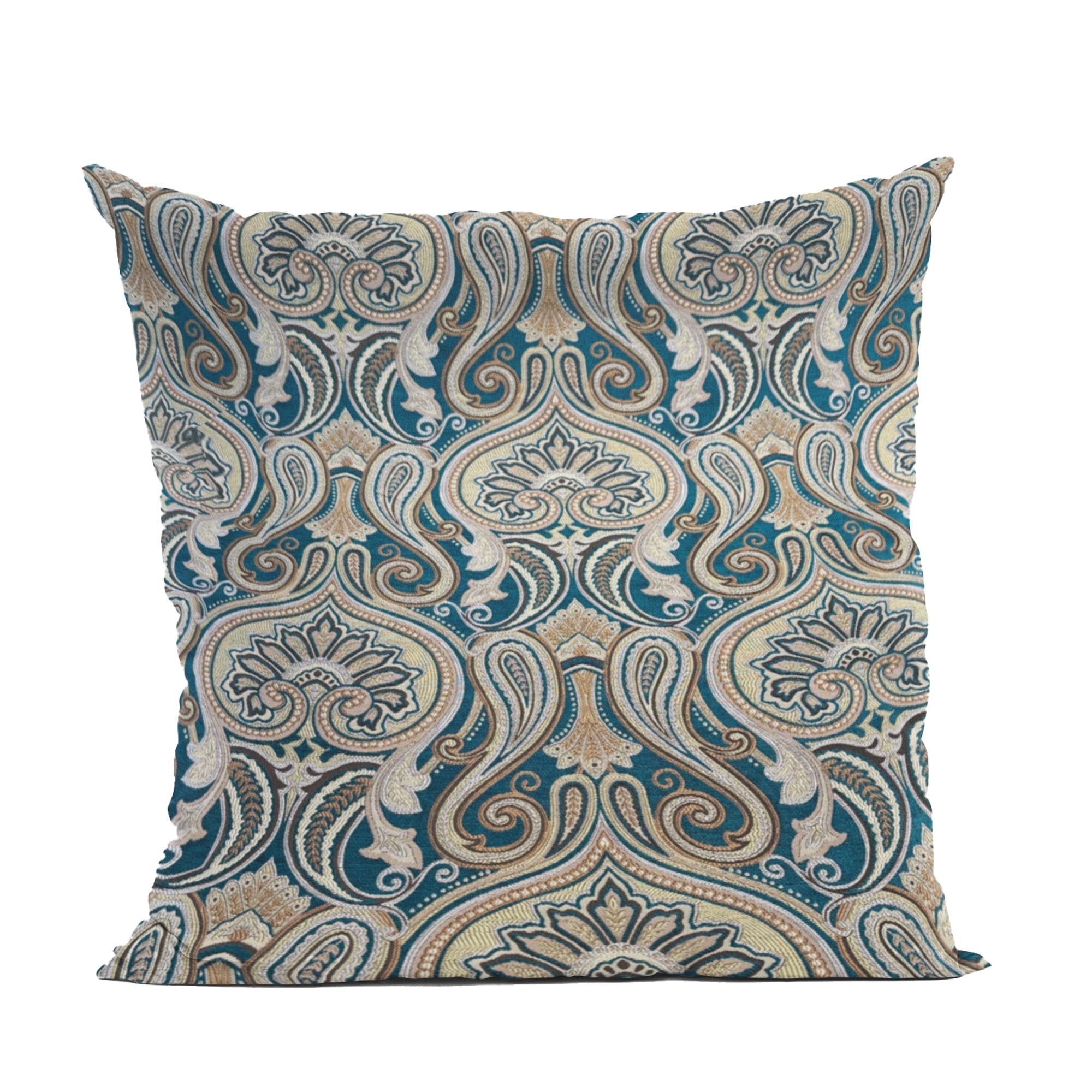 Plutus Blue Gold Beige Majestic Swirl Paisley Luxury Throw Pillow-0