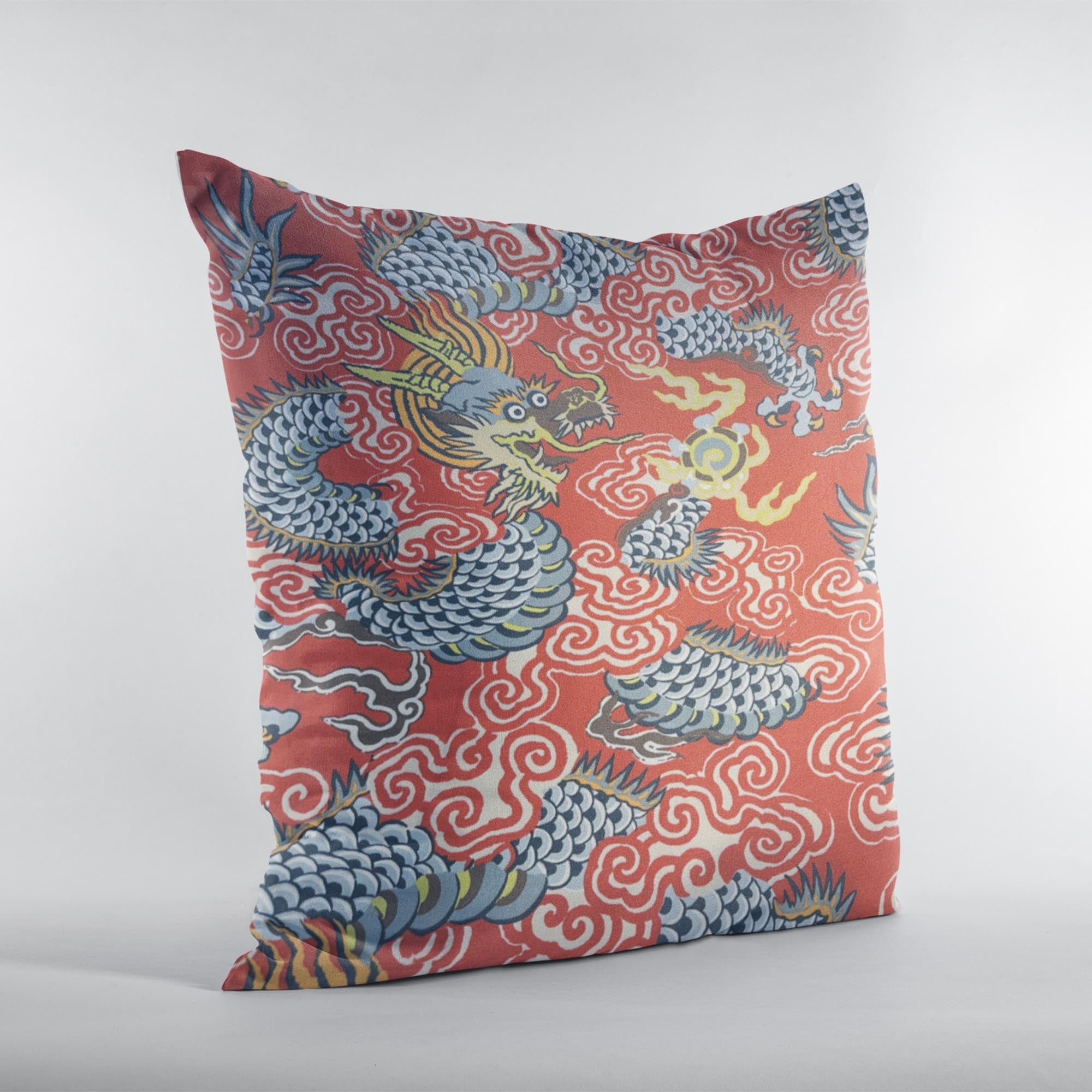 Plutus Red Blue Dragon's Fury Animal Luxury Throw Pillow-1