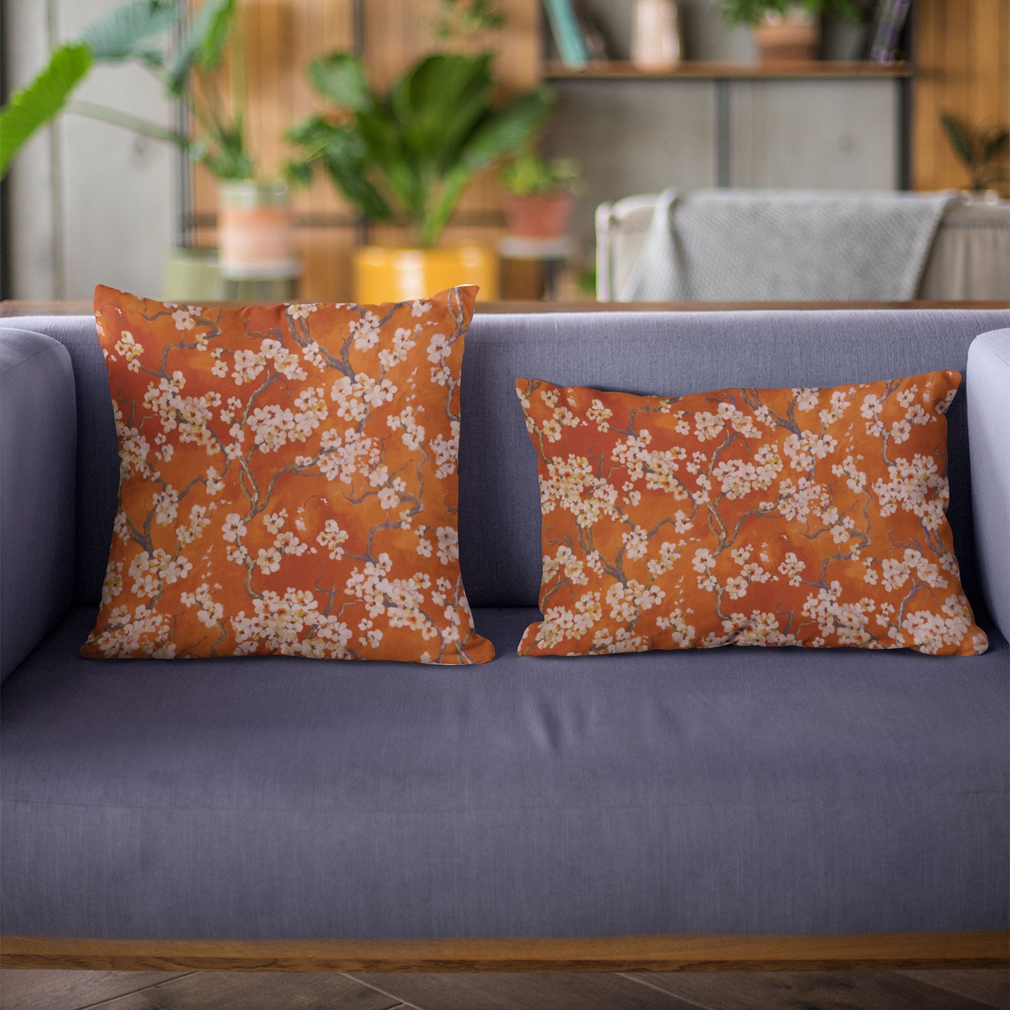 Plutus Persimmon Garden Cherry Blossoms Printed On A Linen Looking Polyester. Luxury Throw Pillow-1