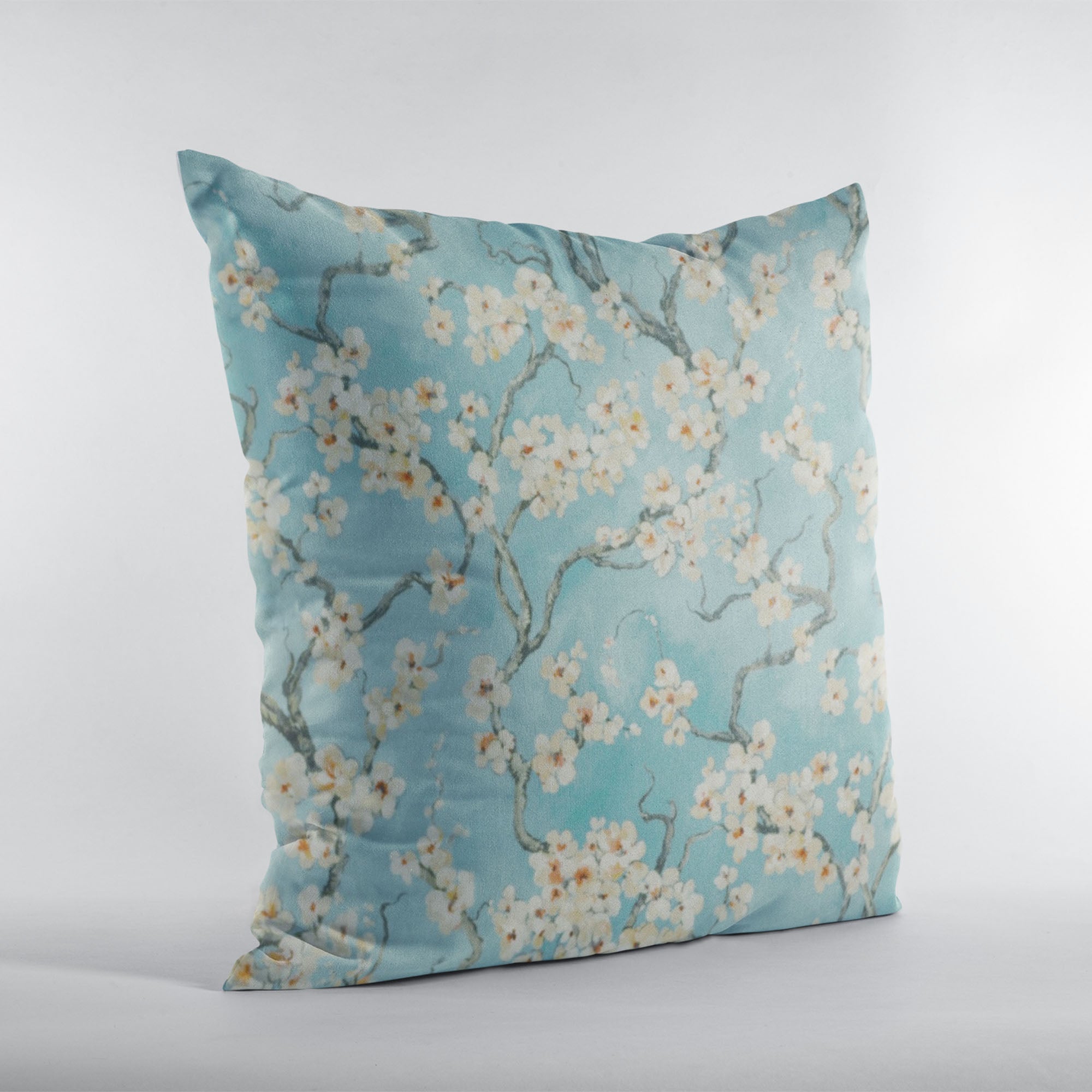 Plutus Azure Garden Cherry Blossoms Printed On A Linen Looking Polyester. Luxury Throw Pillow-2