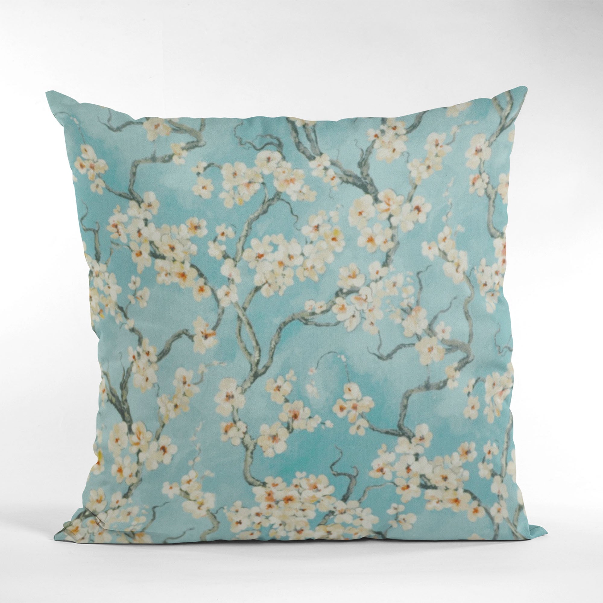 Plutus Azure Garden Cherry Blossoms Printed On A Linen Looking Polyester. Luxury Throw Pillow-4