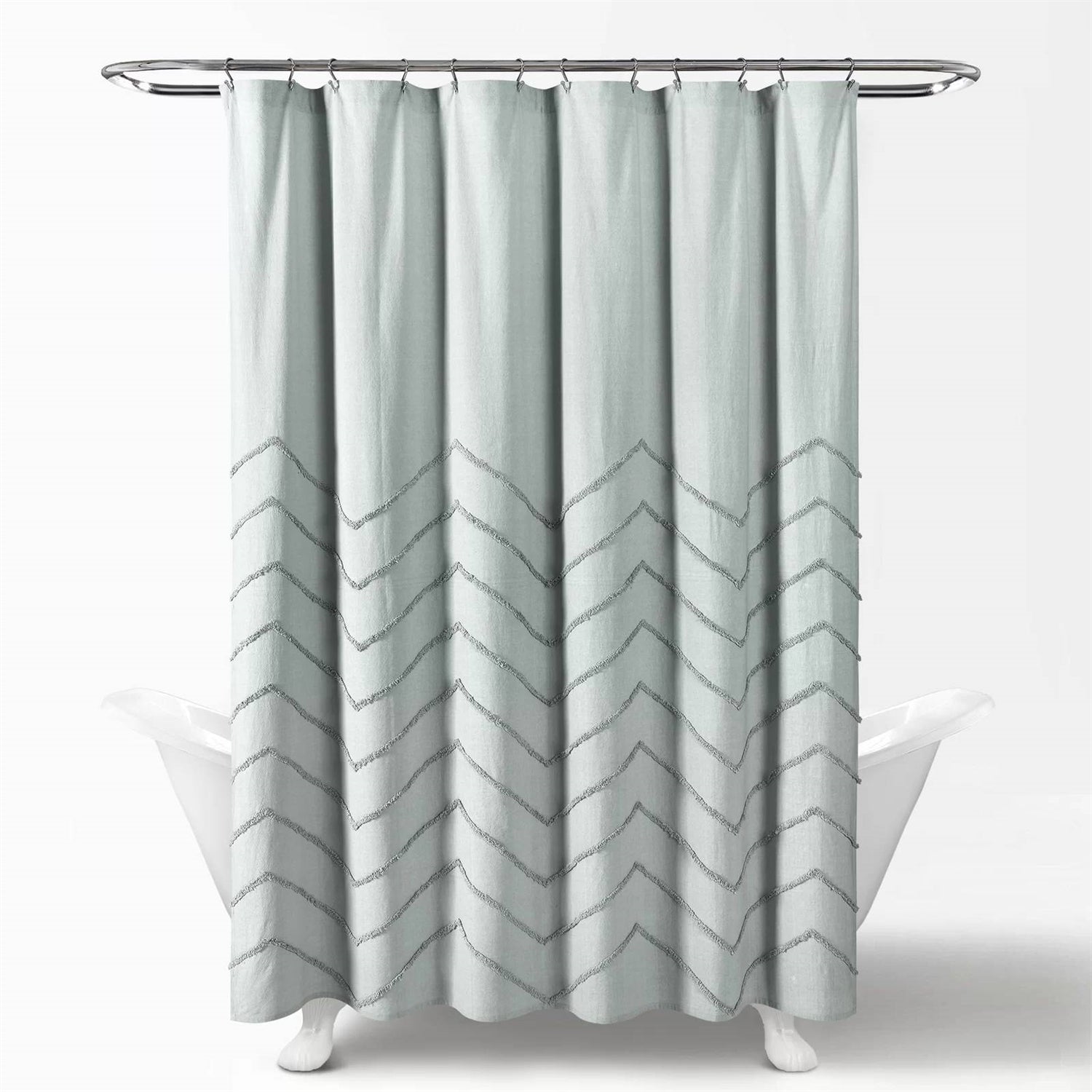 72-inch Pastel Blue Chenille Cotton Shower Curtain with Chevron Pattern-0
