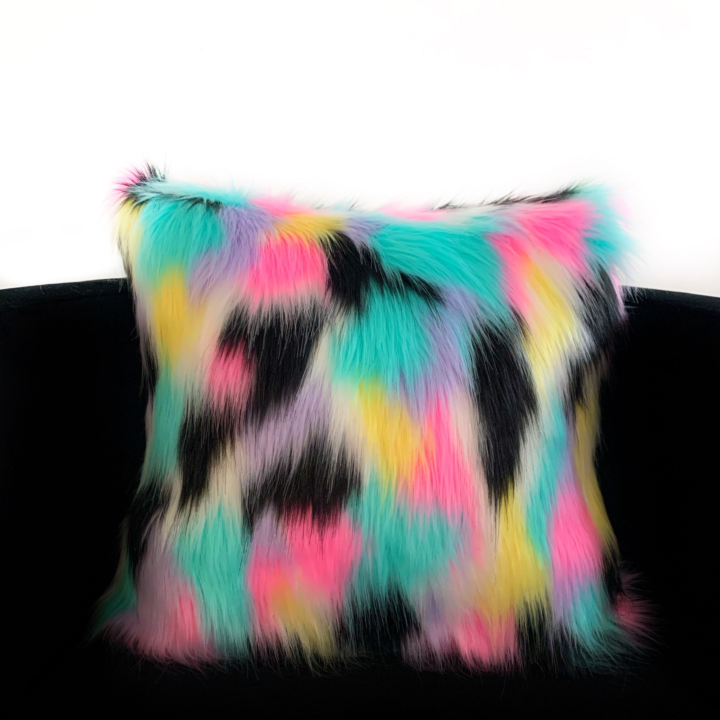 Plutus Pink, Blue, Black, Yellow Exotic Animal Faux Fur Luxury Throw Pillow-0