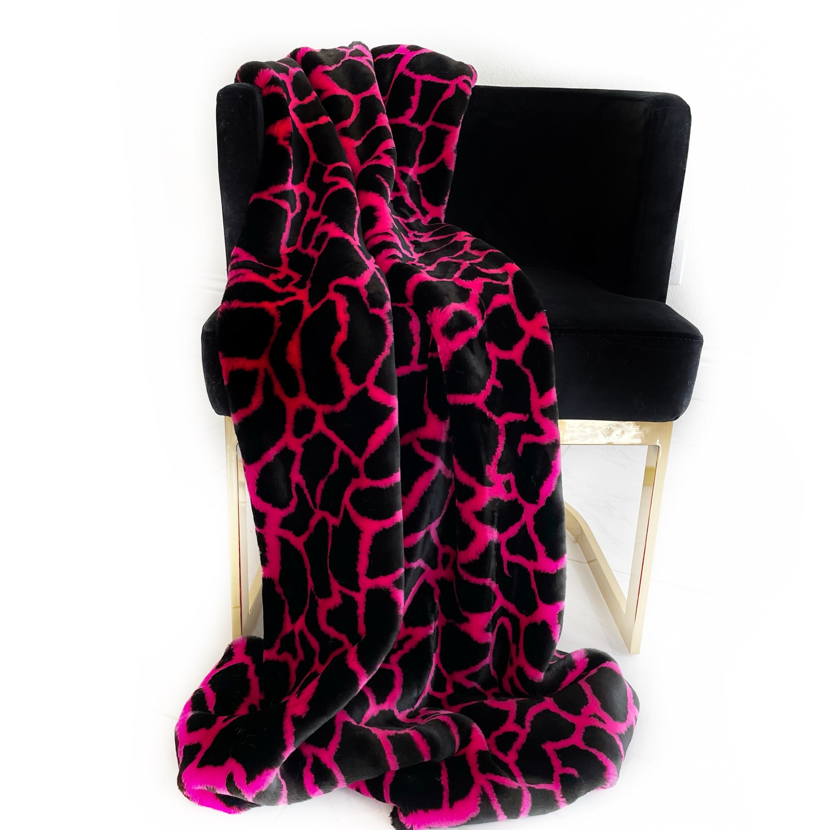 Plutus Pink Black Plush Faux Fur Luxury Throw Blanket-0