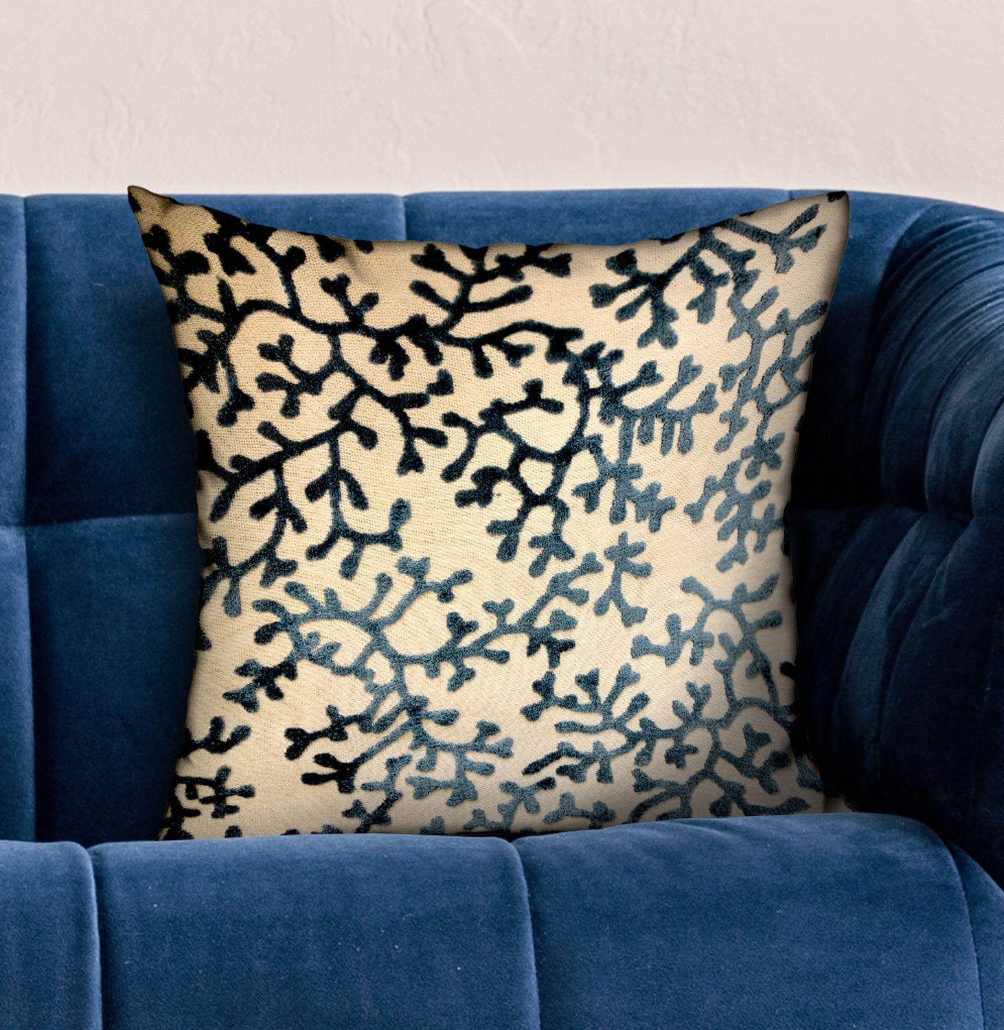 Deep Blue Reef Blue, cream Floral Luxury Throw Pillow-1