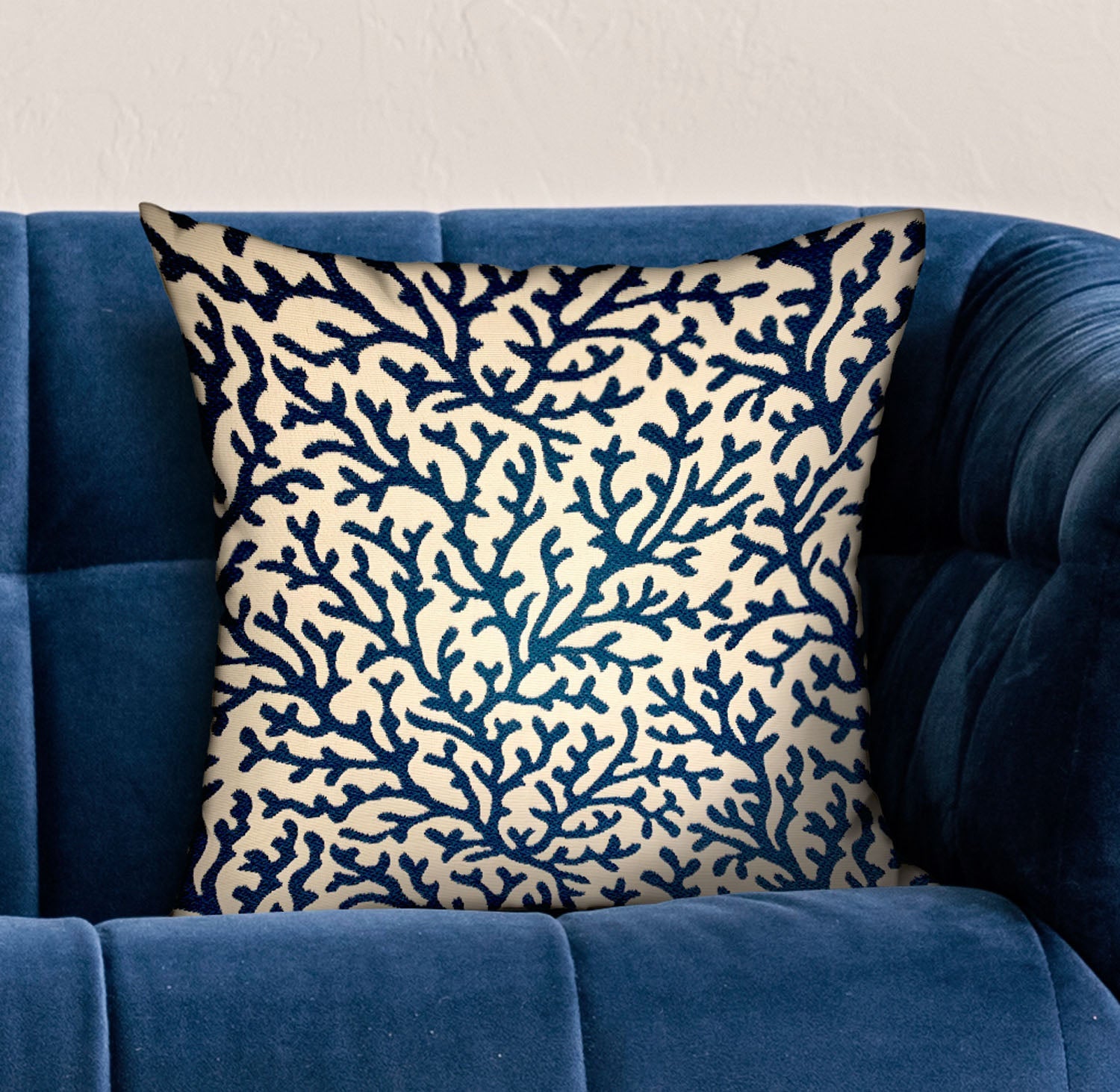 Sapphire Vines Blue, cream Floral Luxury Throw Pillow-1