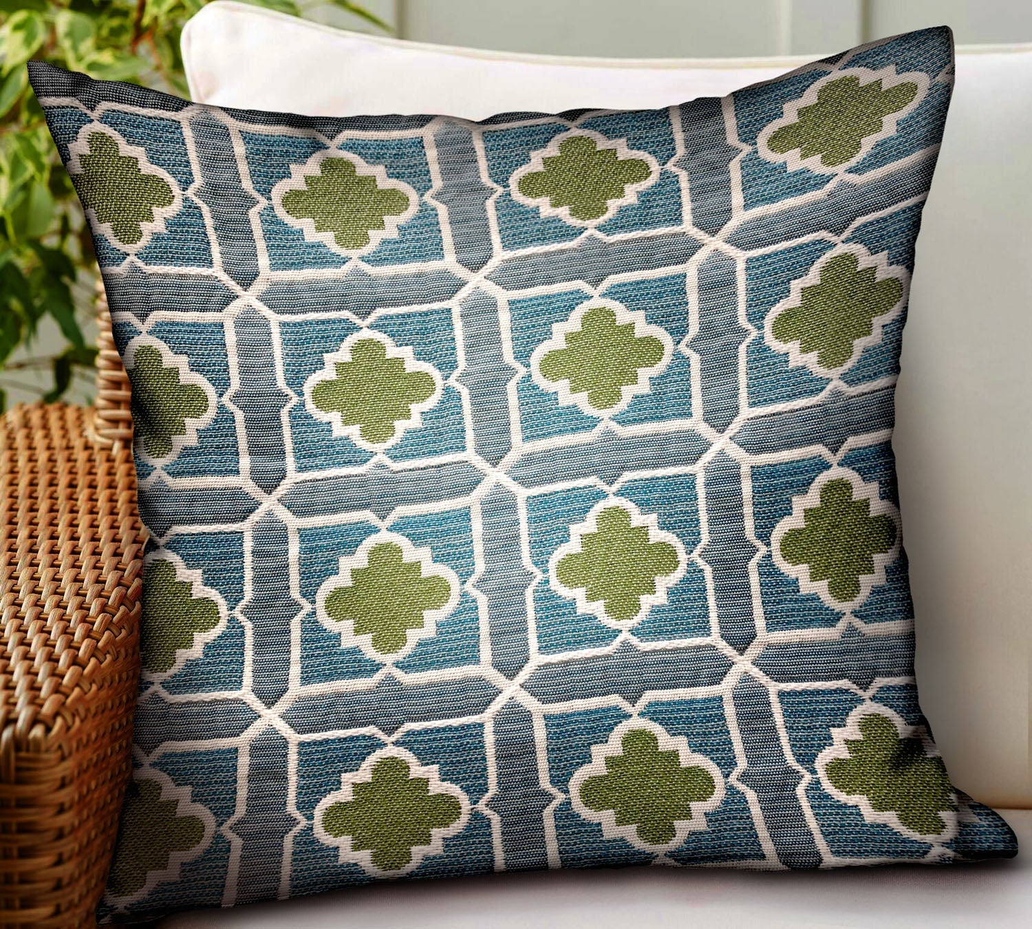 Shamrock Gem Blue, Green Geometric Luxury Outdoor/Indoor Throw Pillow-1