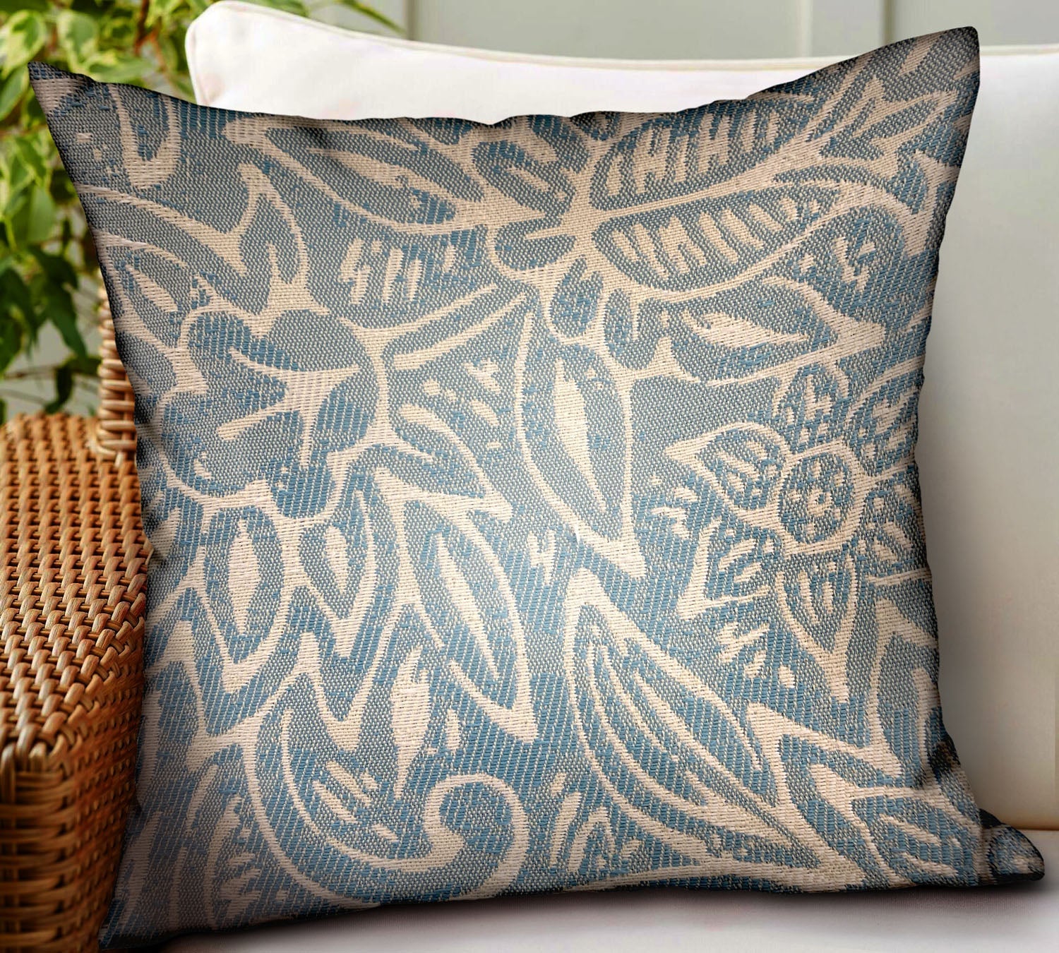 Serene Oasis Blue, Cream Floral Luxury Outdoor/Indoor Throw Pillow-1