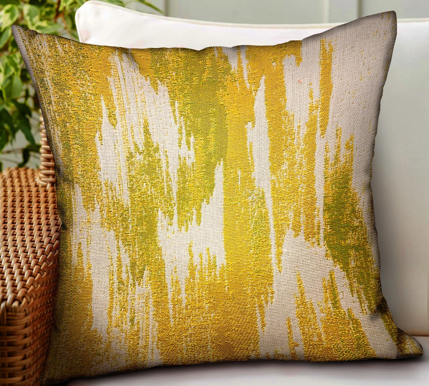 Saffron Love Yellow Ikat Luxury Outdoor/Indoor Throw Pillow-1