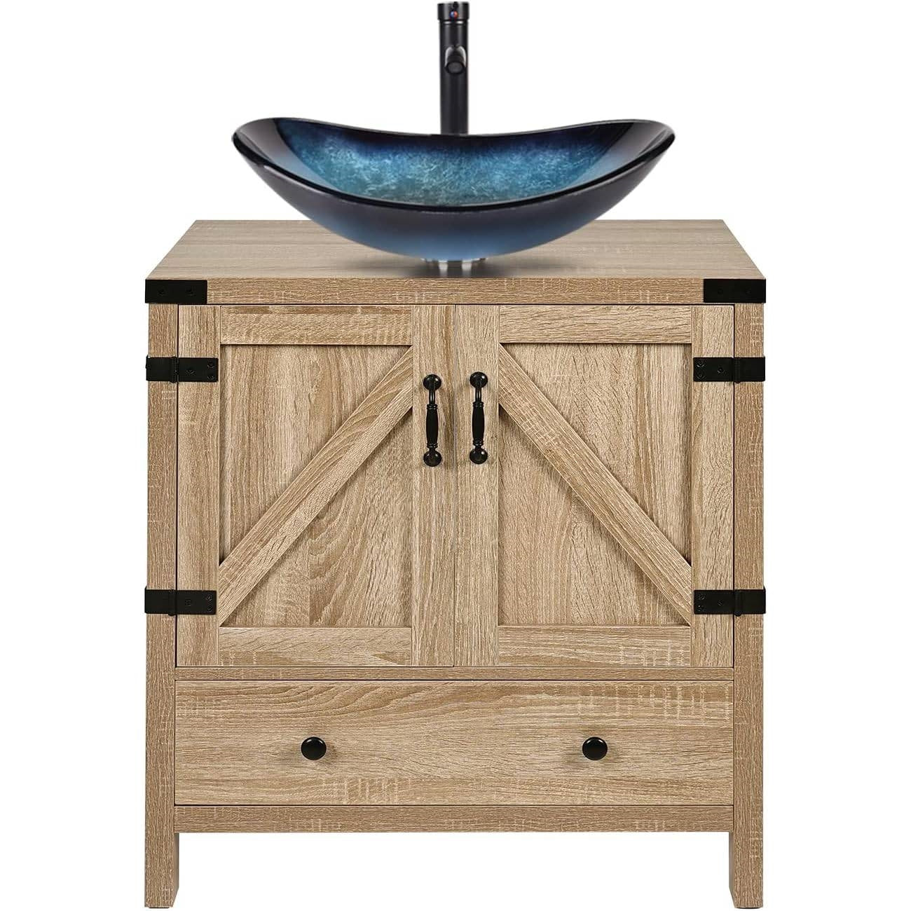 Farmhouse Wood Finish Bathroom Vanity w/ Blue Glass Sink Black Faucet and Drain-0