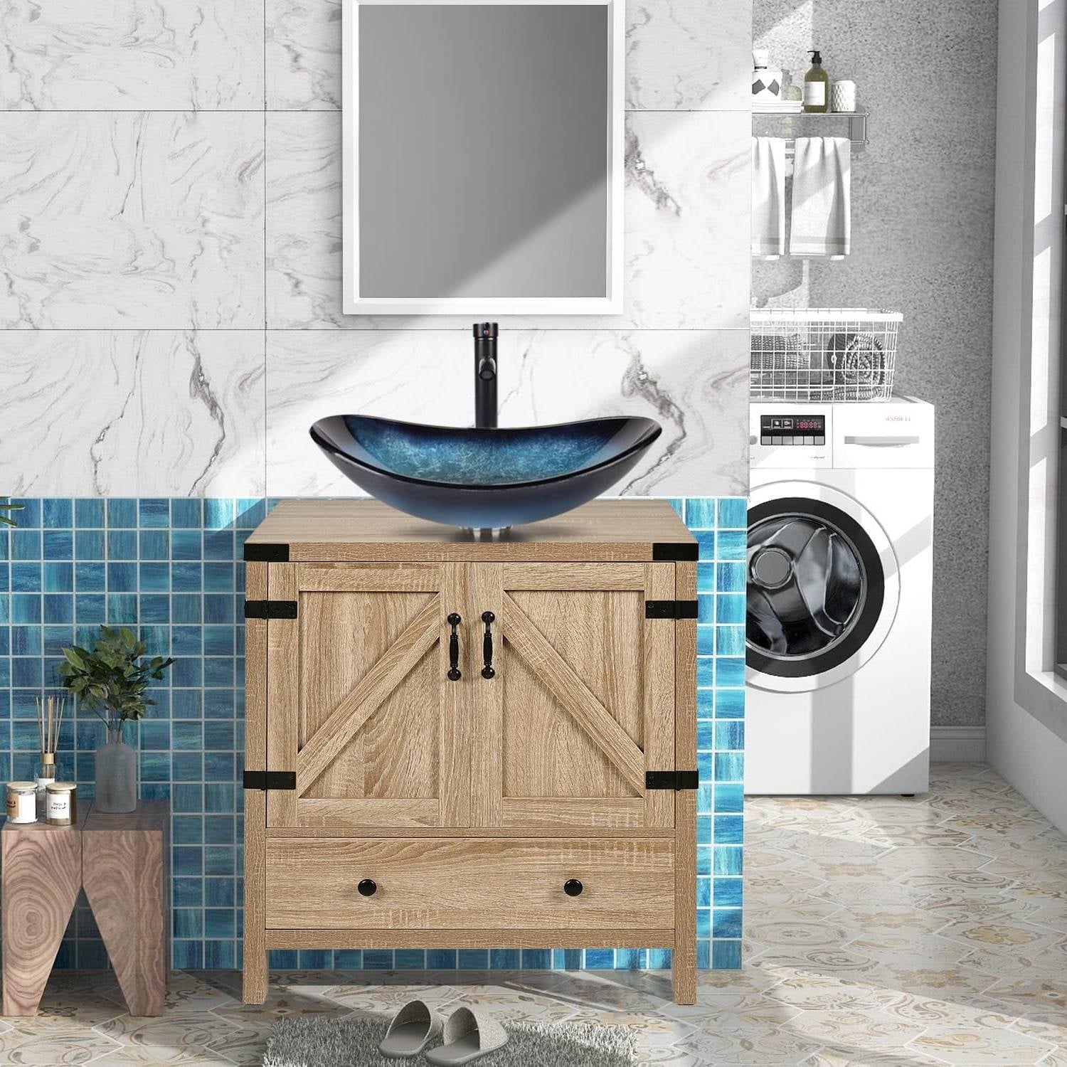 Farmhouse Wood Finish Bathroom Vanity w/ Blue Glass Sink Black Faucet and Drain-1