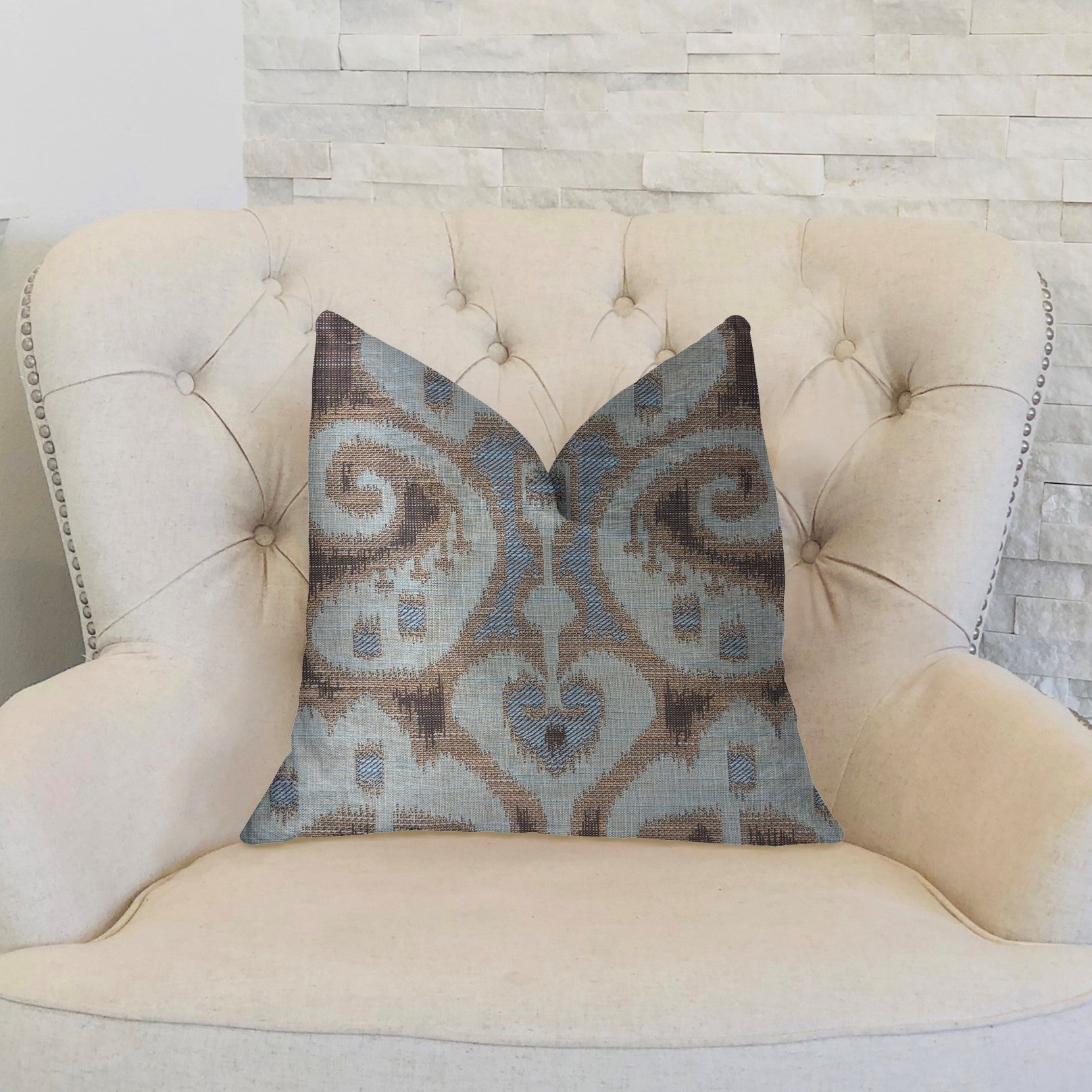 Paragon Brown, Blue and Beige Luxury Throw Pillow-1