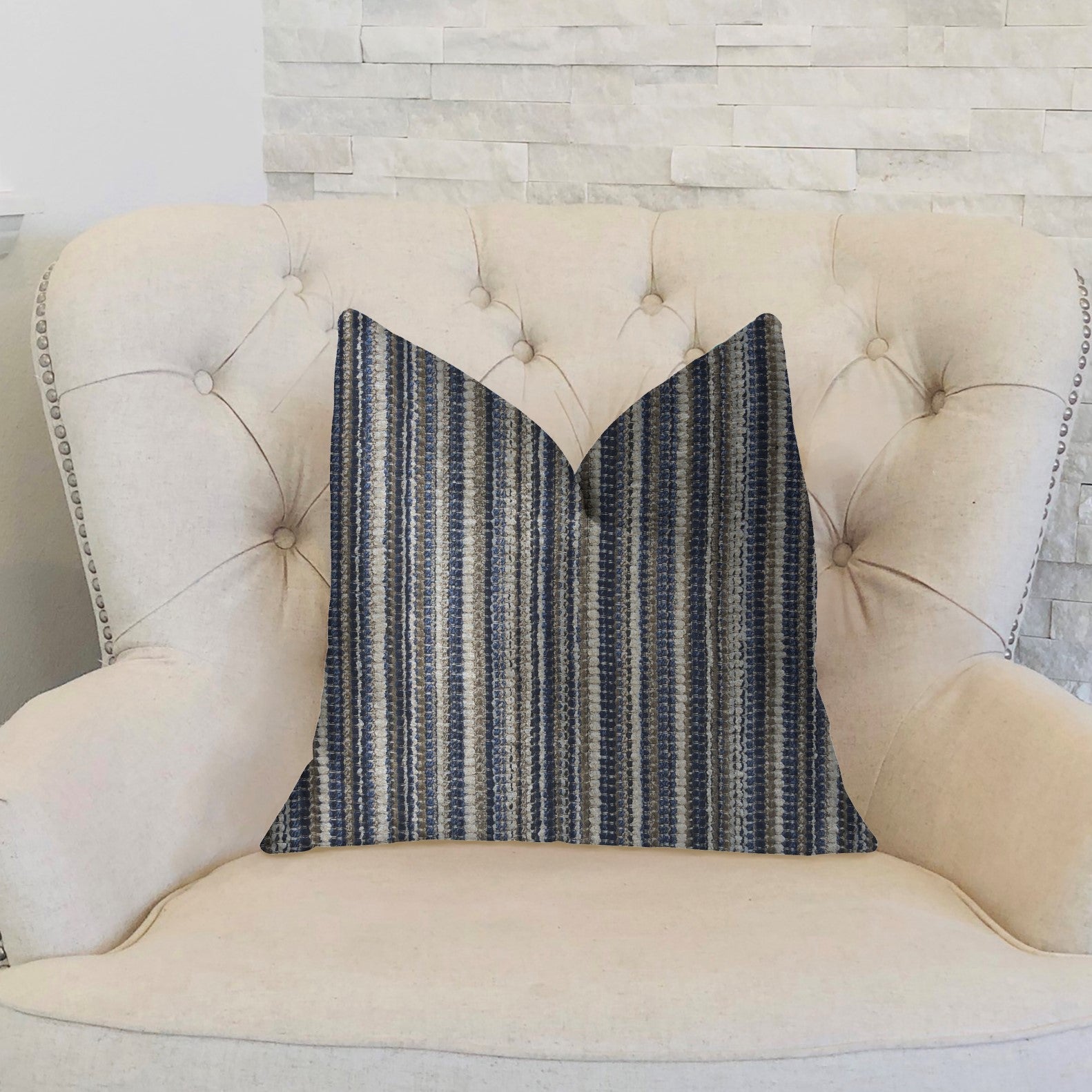 New Hampton  Ivory and Blue Luxury Throw Pillow-1