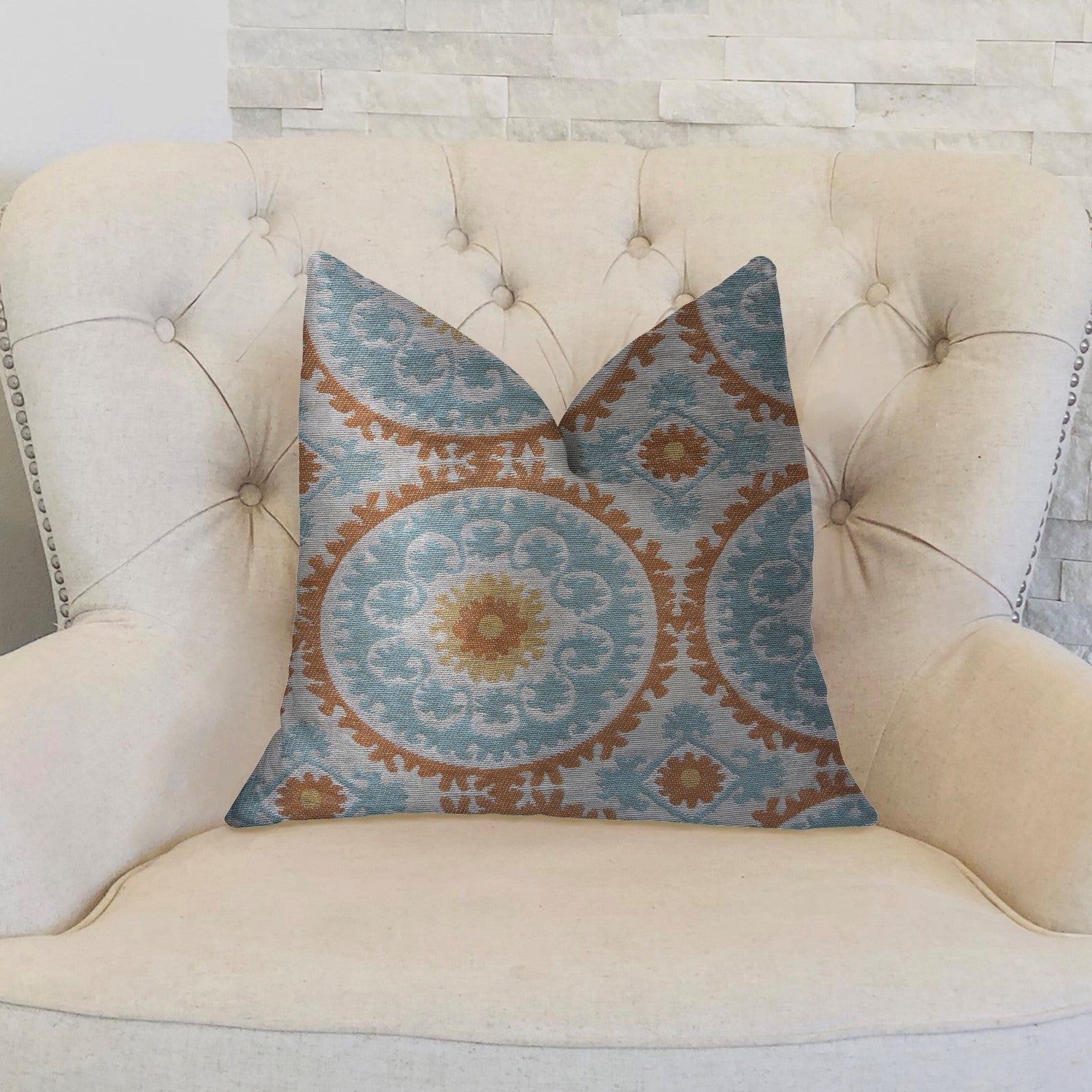 Sunset Cottage Orange, Blue and Ivory Luxury Throw Pillow-1