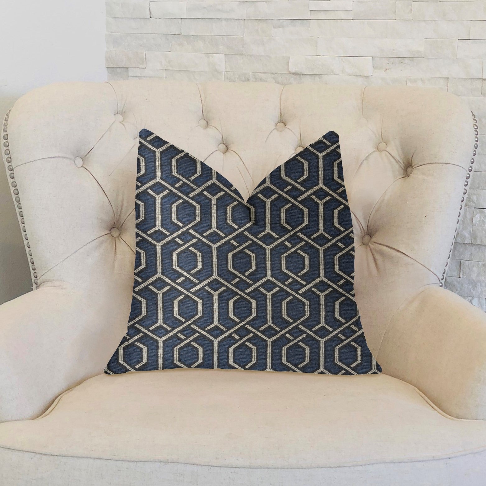 Midnight Padlock Blue, Black and Beige Luxury Throw Pillow-1