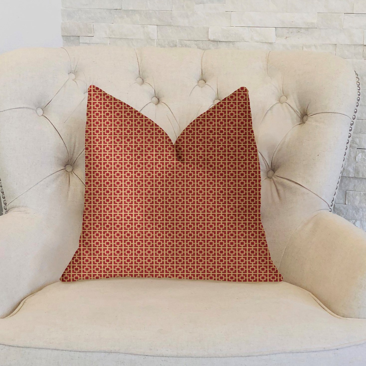 Crimson Square Red and Beige Luxury Throw Pillow-1