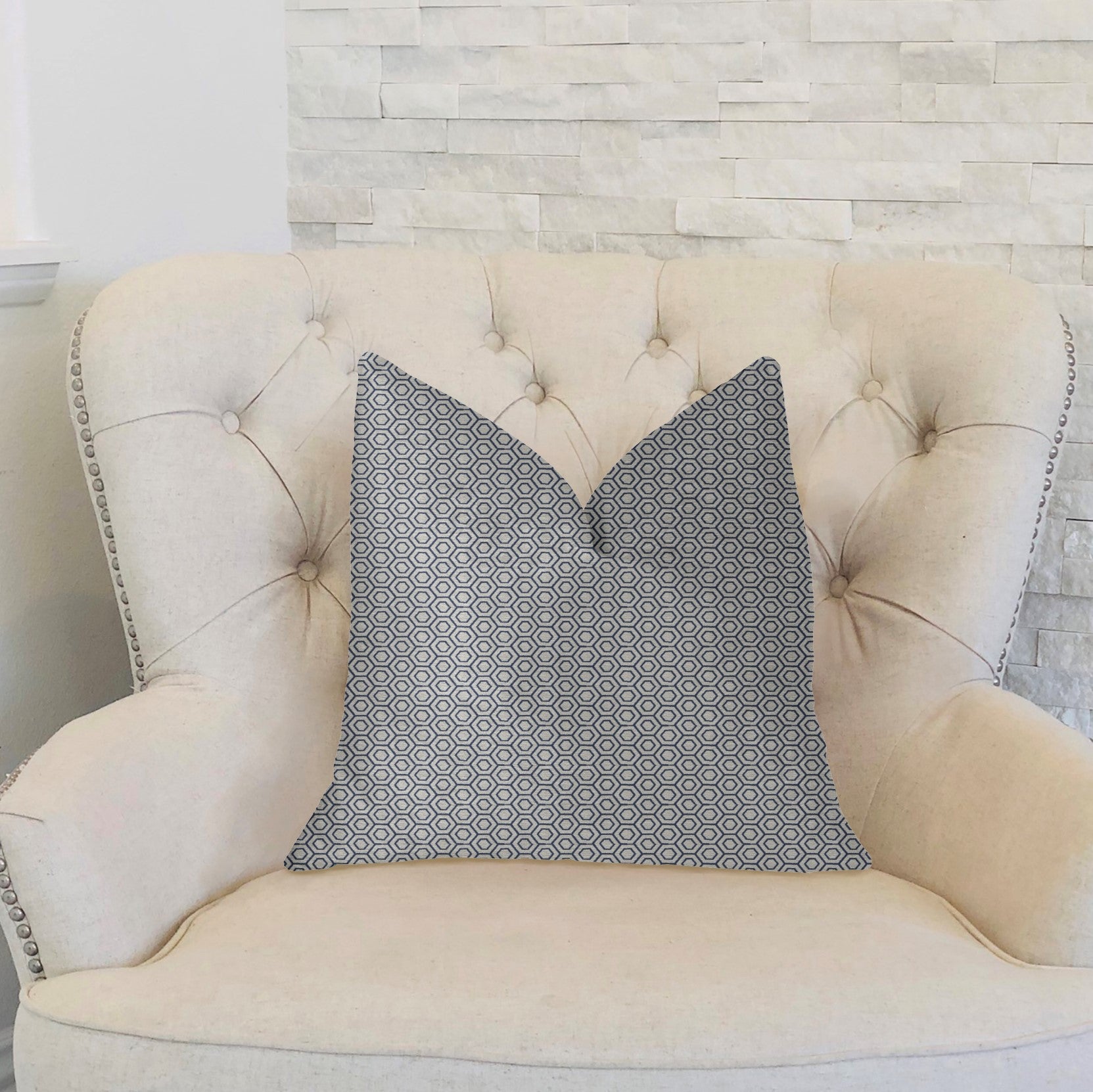 Myriad Hexagon  Blue and Beige Luxury Throw Pillow-1