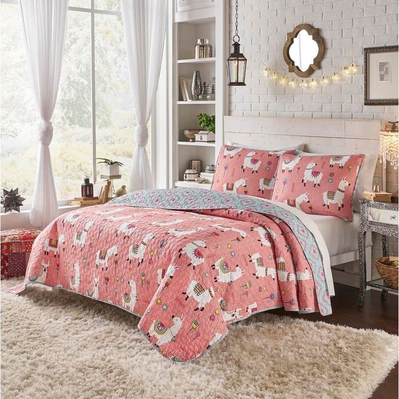 Twin/Twin XL Pink Blue Reversible Floral Llama Cotton Quilt Set-0