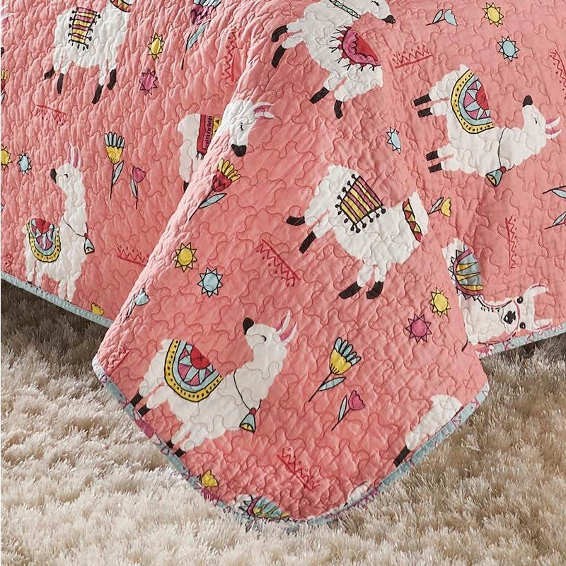 Twin/Twin XL Pink Blue Reversible Floral Llama Cotton Quilt Set-2