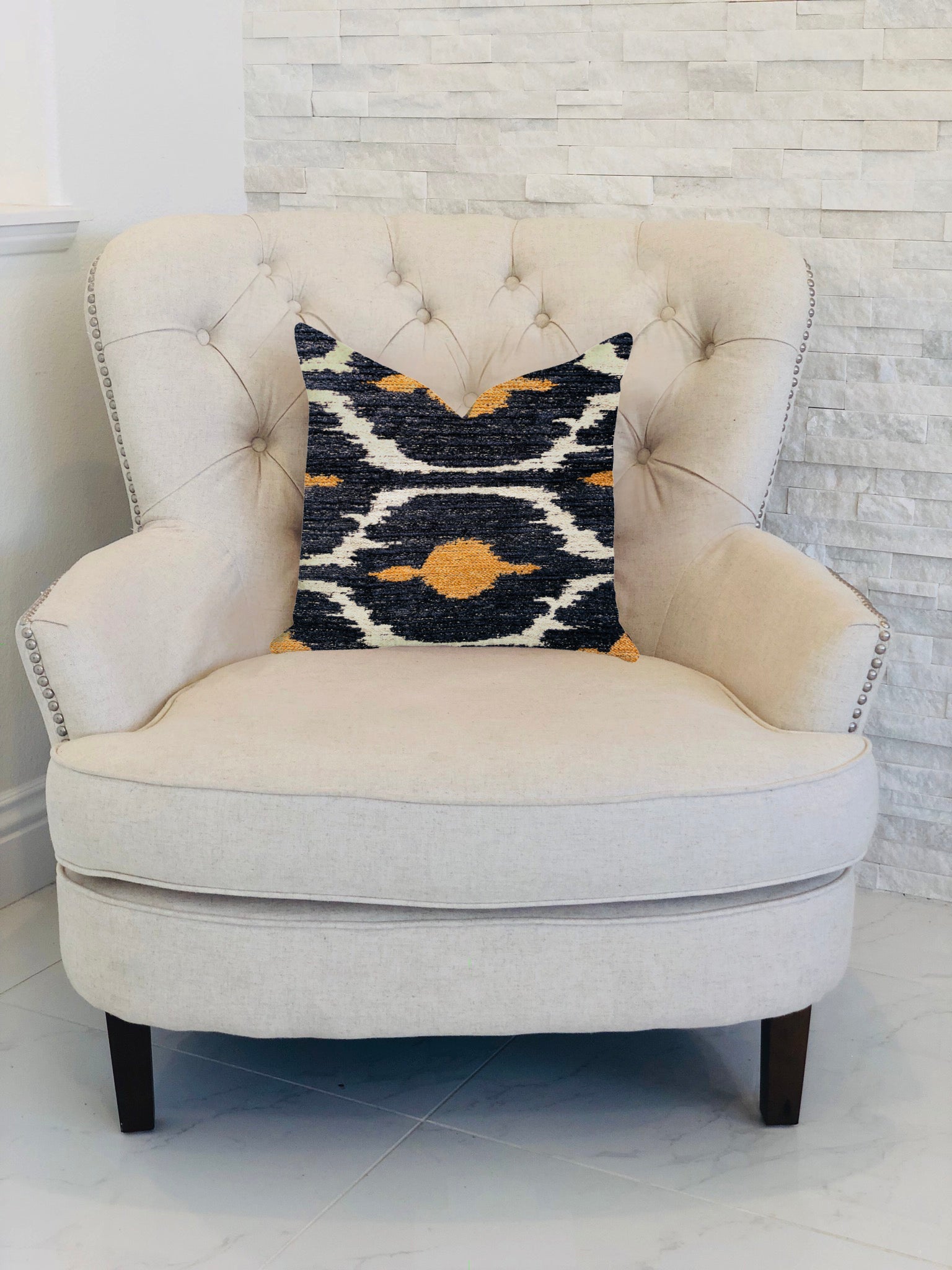 Bohemian Blue and Orange Ikat Luxury Throw Pillow-1