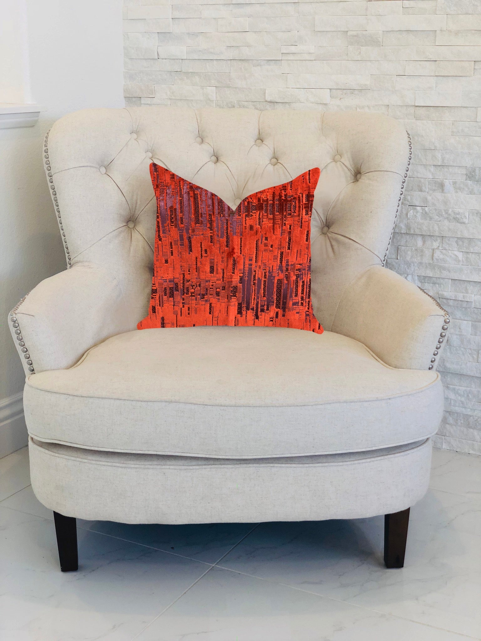 Luminous Skyscraper Luxury Throw Pillow in Orange Red Tones-1