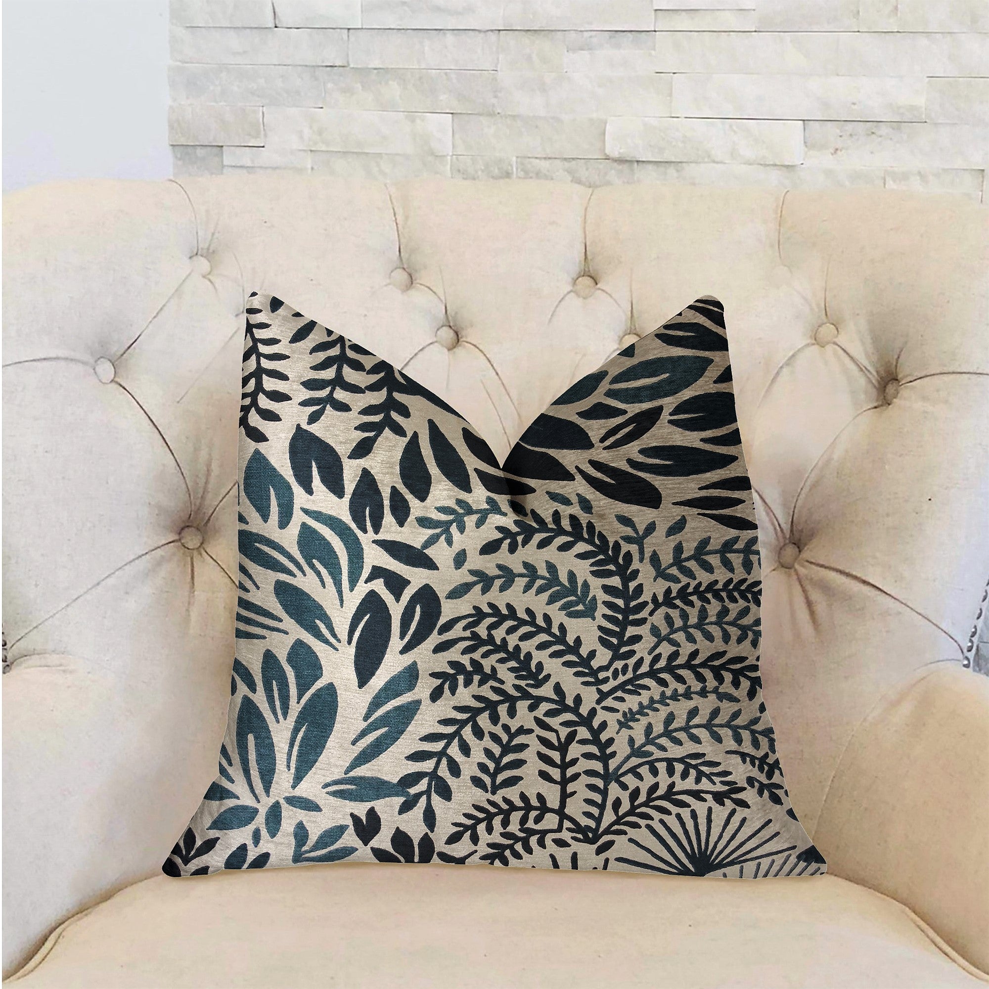 Leaf Snap Blue and Beige Luxury Throw Pillow-1