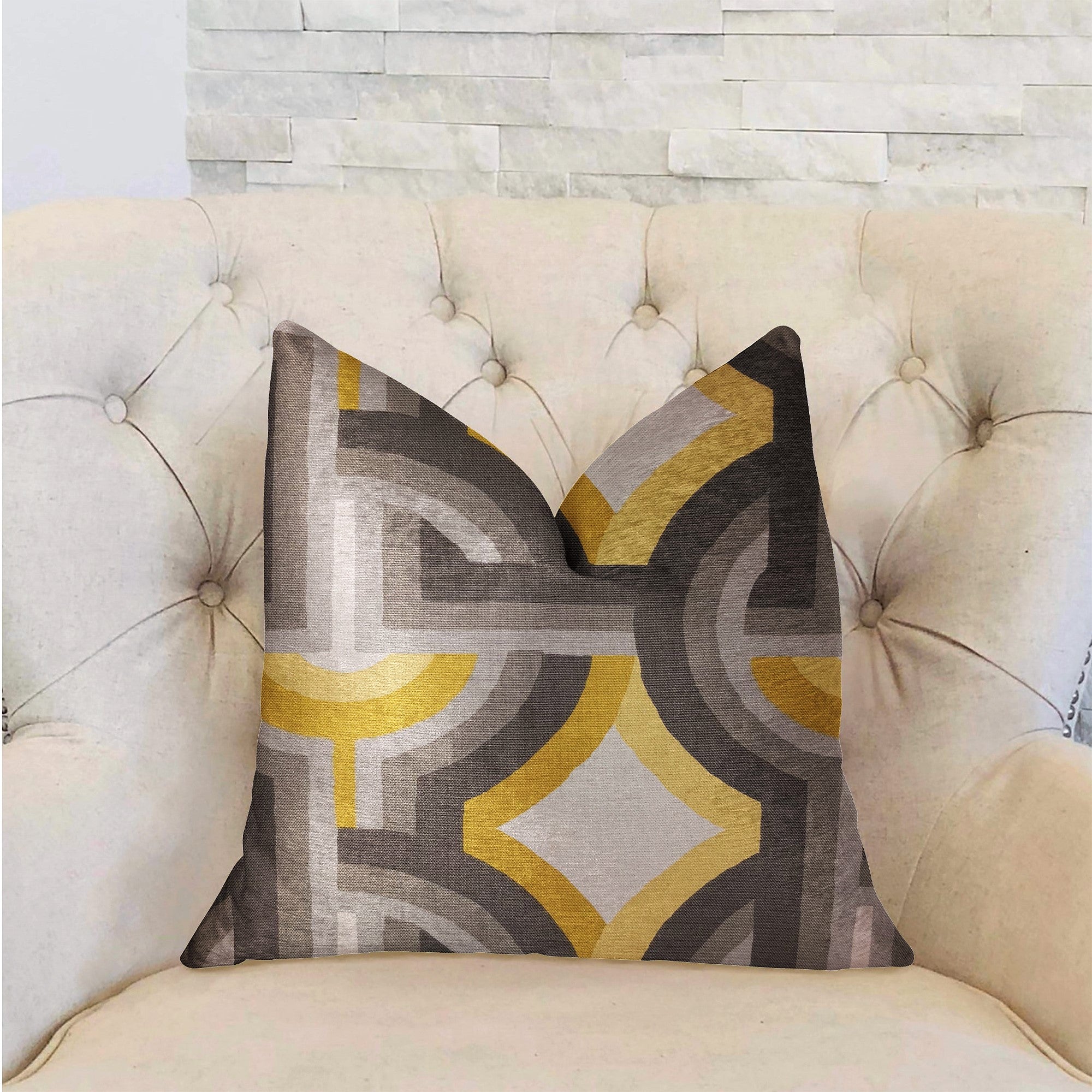 Delightful Chain Yellow, Beige and Gray Luxury Throw Pillow-1