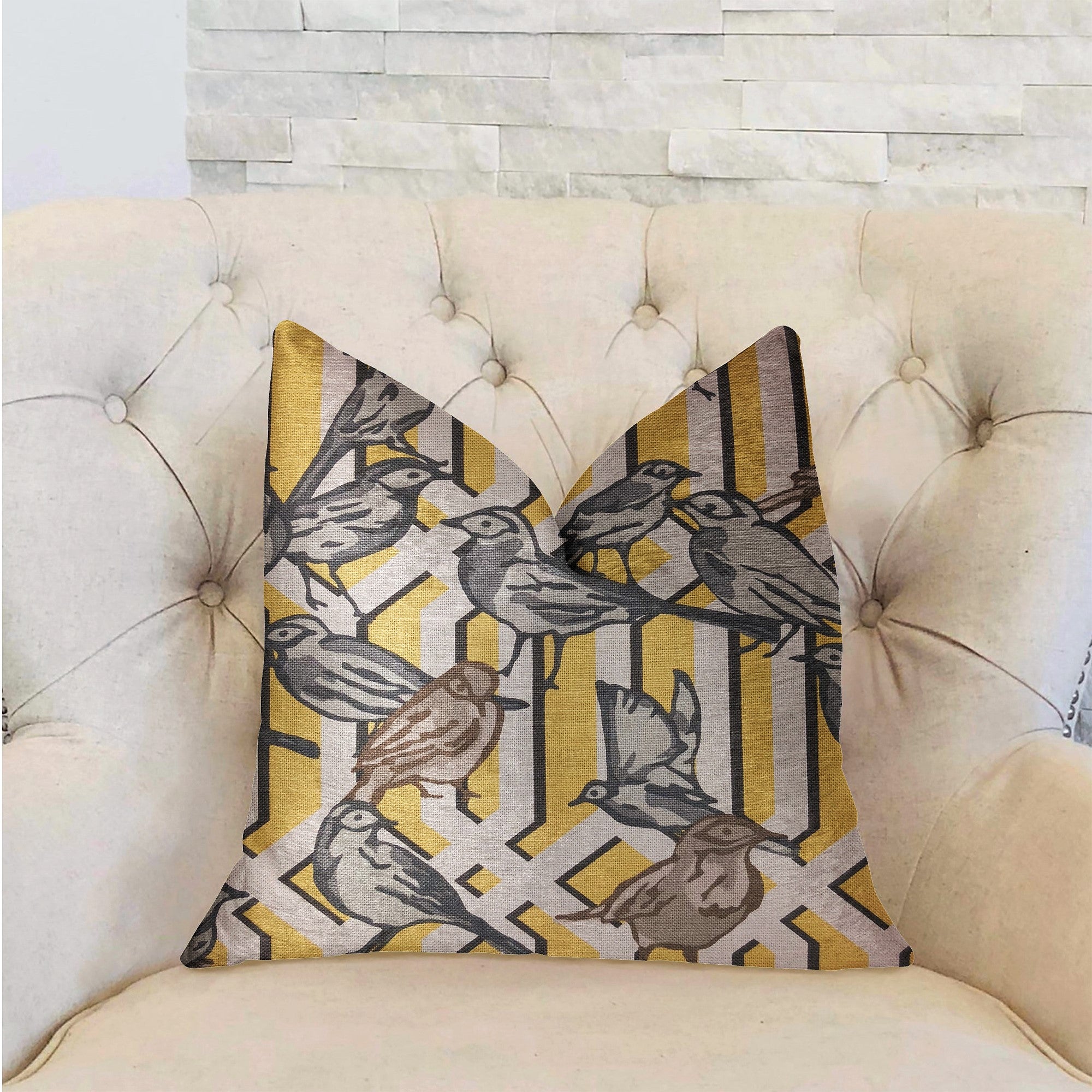 Song Bird Gardens Yellow, Beige and Gray Luxury Throw Pillow-1