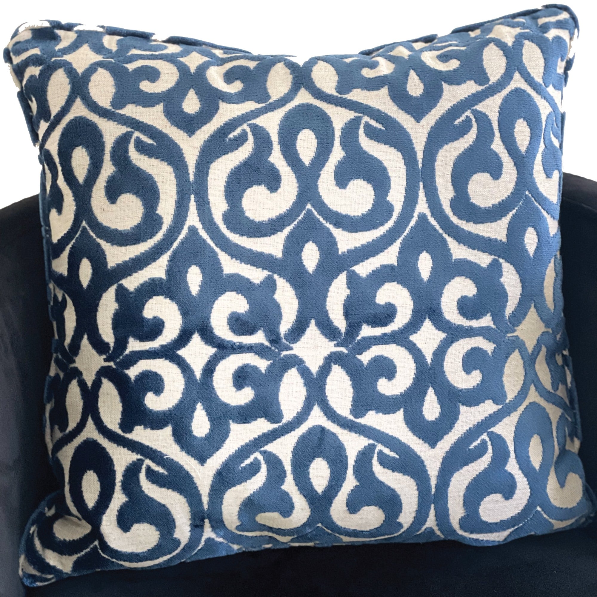 Velvety French Medallion Blue and Off White Geometric Luxury Throw Pillow-2