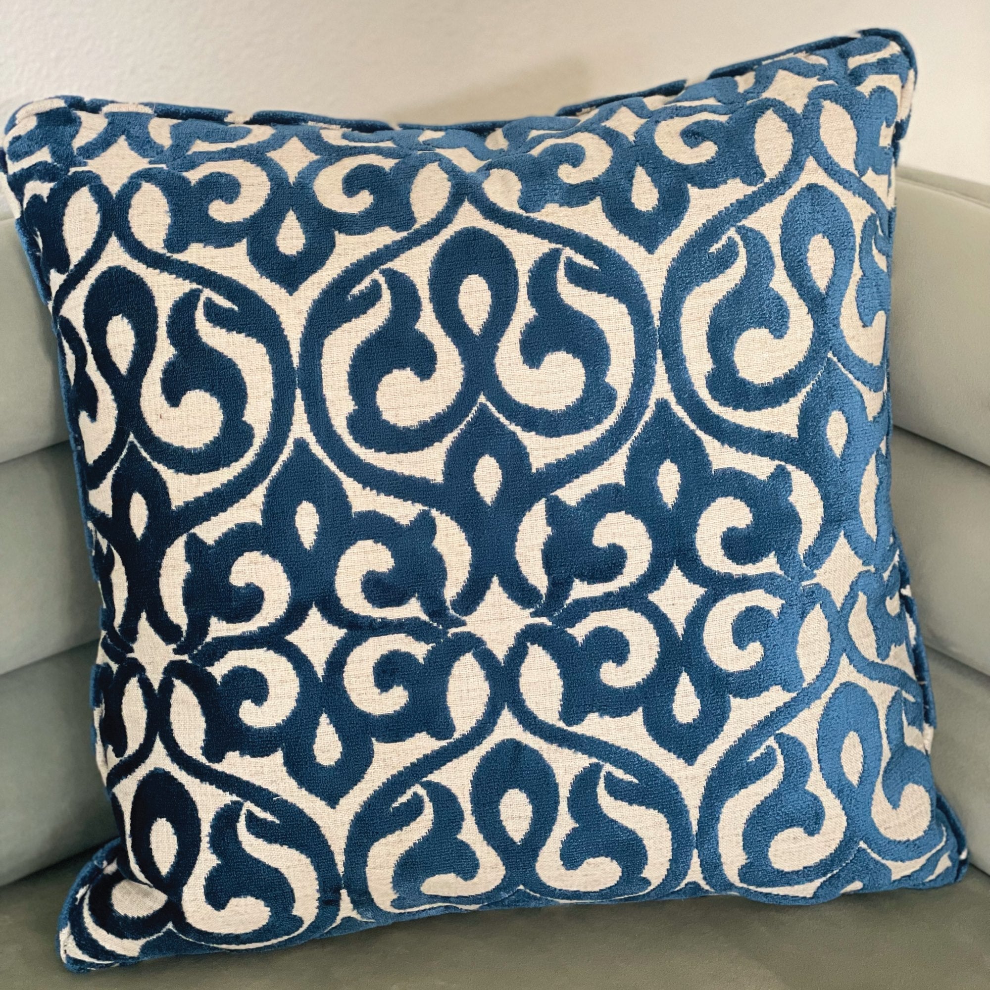 Velvety French Medallion Blue and Off White Geometric Luxury Throw Pillow-3