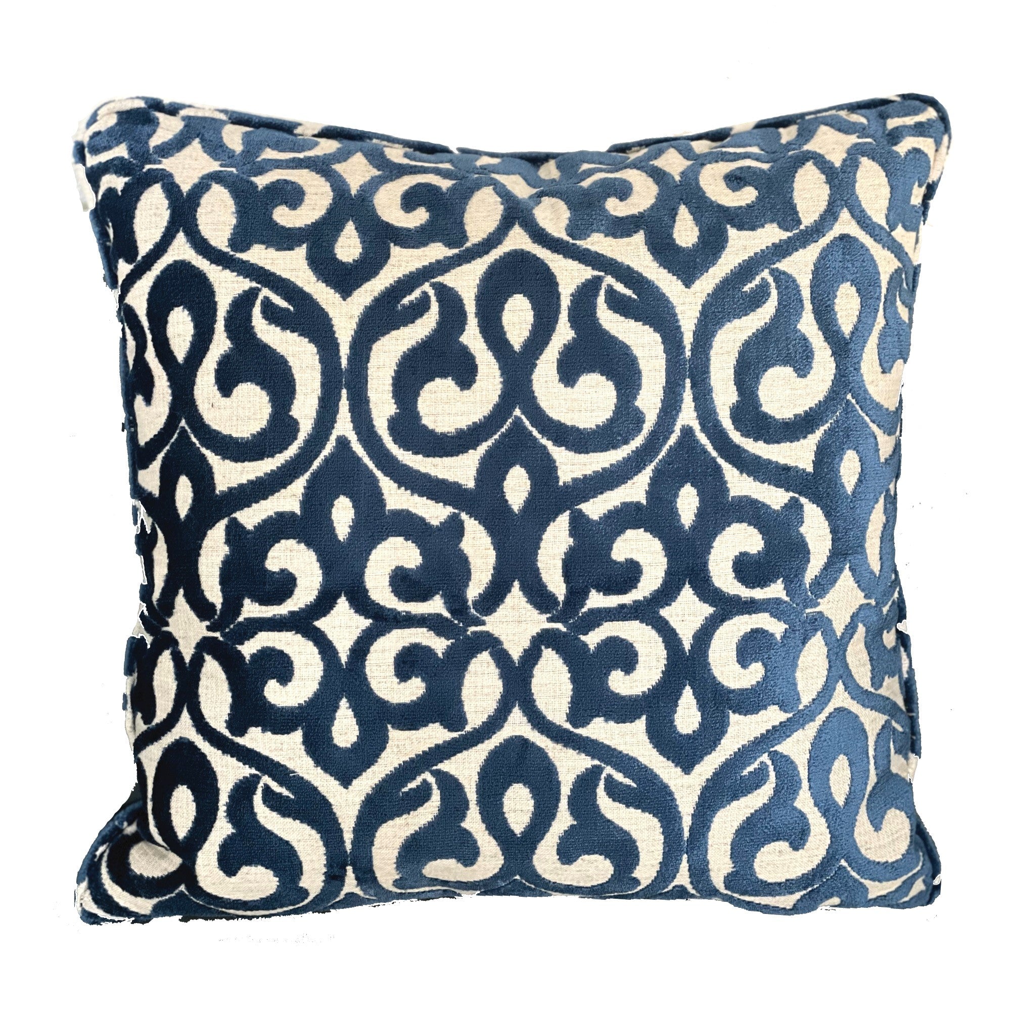 Velvety French Medallion Blue and Off White Geometric Luxury Throw Pillow-0