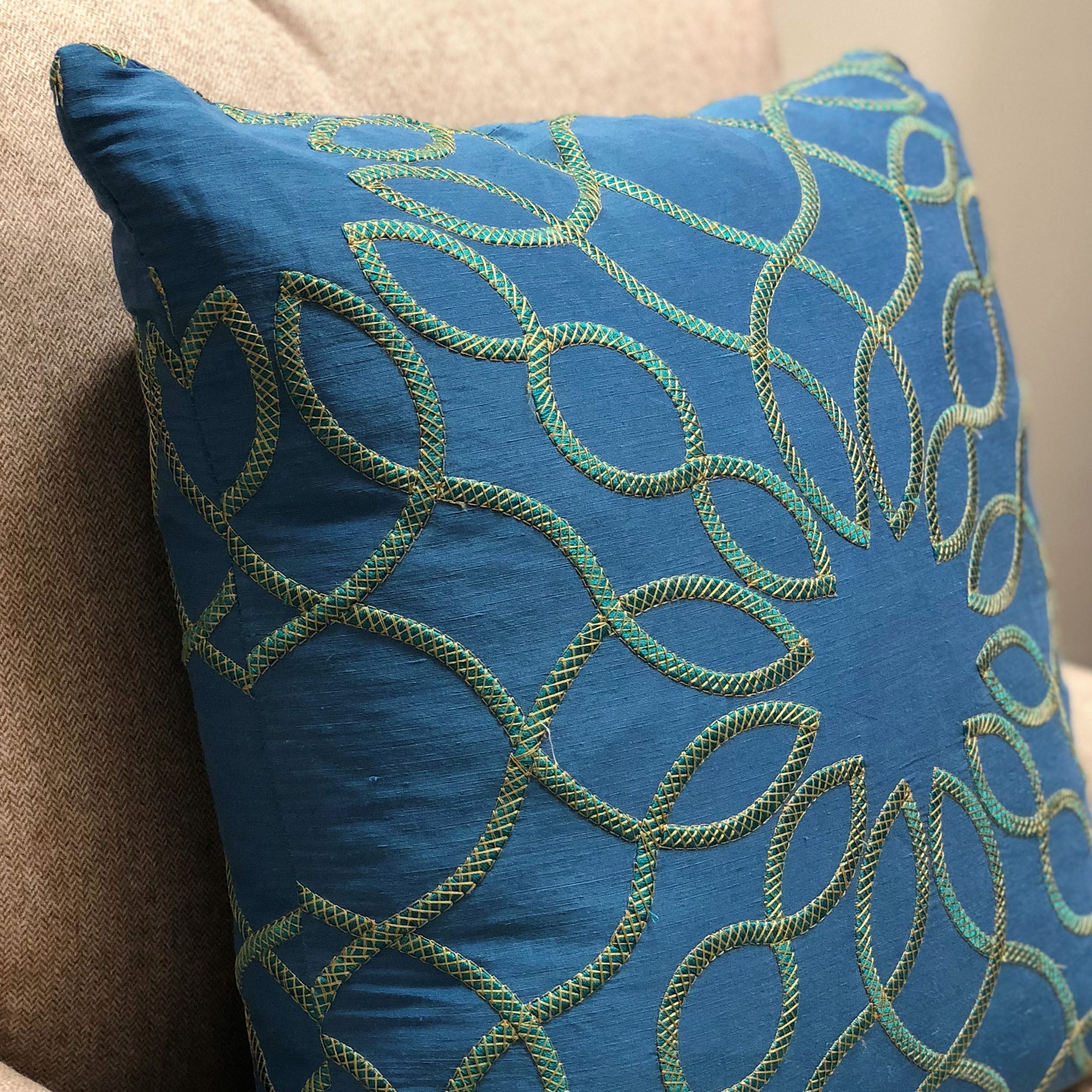 Calico Island Blue and Green Geometric Luxury Throw Pillow-2