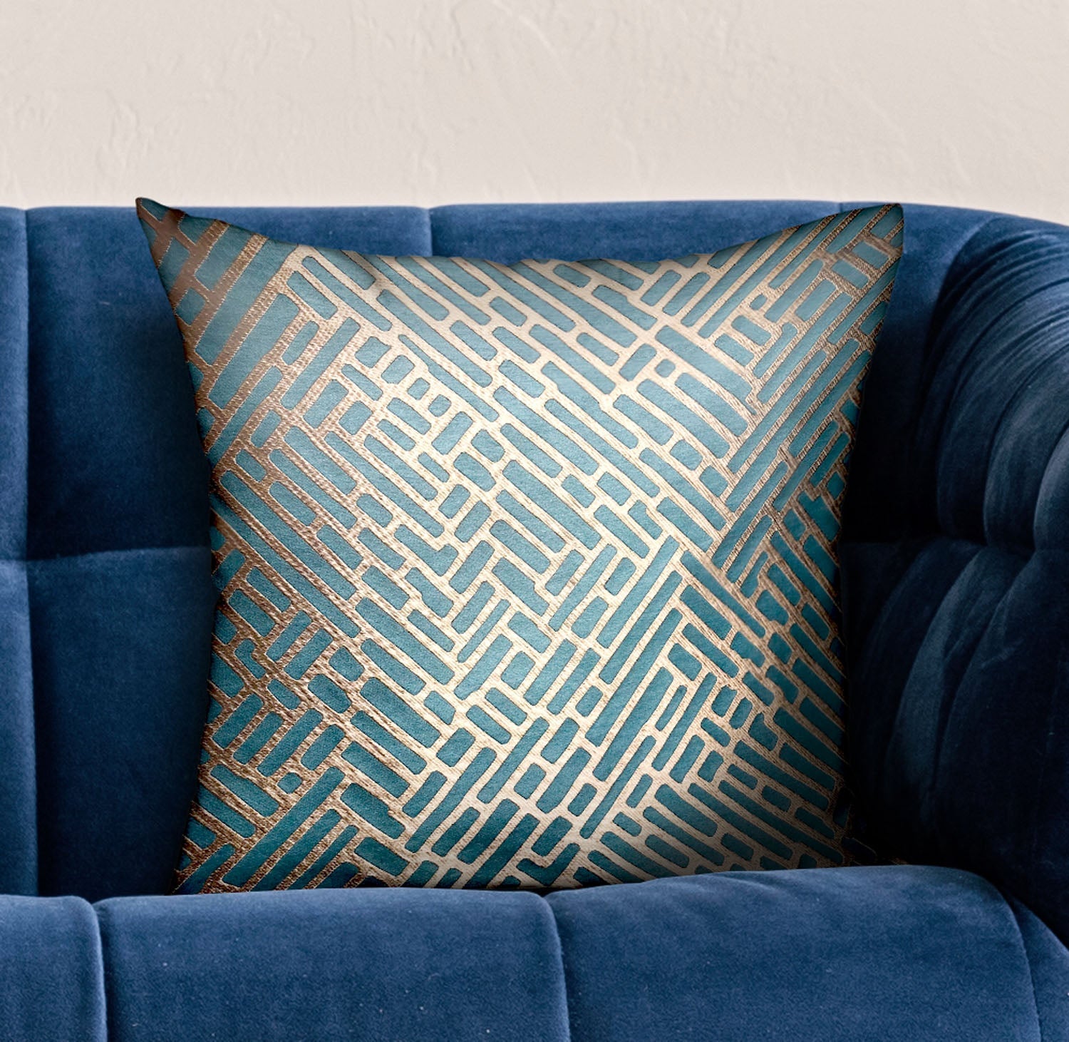 Golden Brick Blue Geometric Luxury Throw Pillow-1