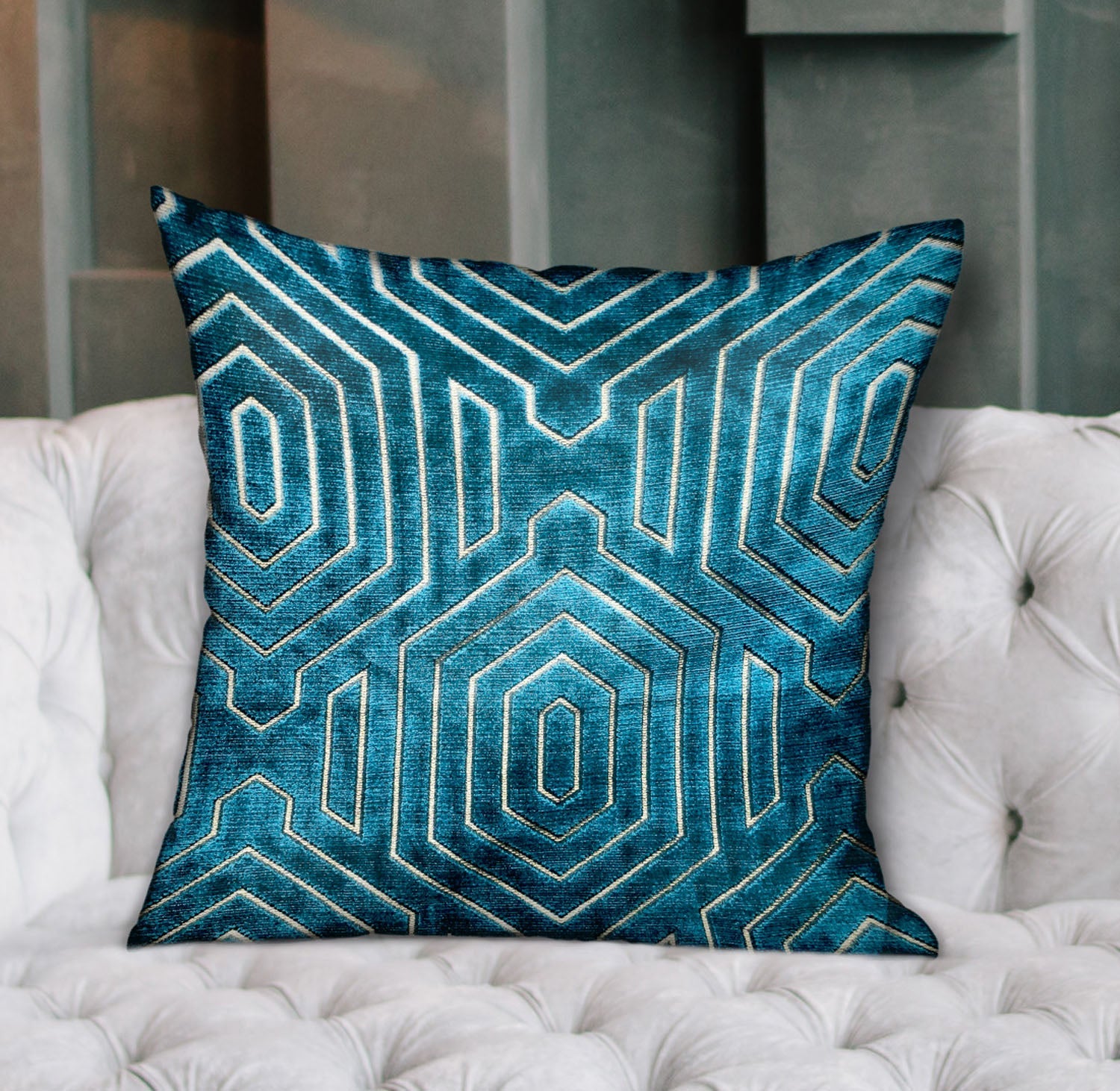 Cerulean Velvet Blue Geometric Luxury Throw Pillow-1