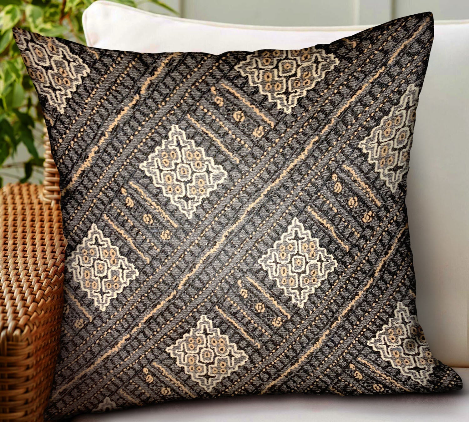 Pewter Lattice Charcoal Geometric Luxury Outdoor/Indoor Throw Pillow-1