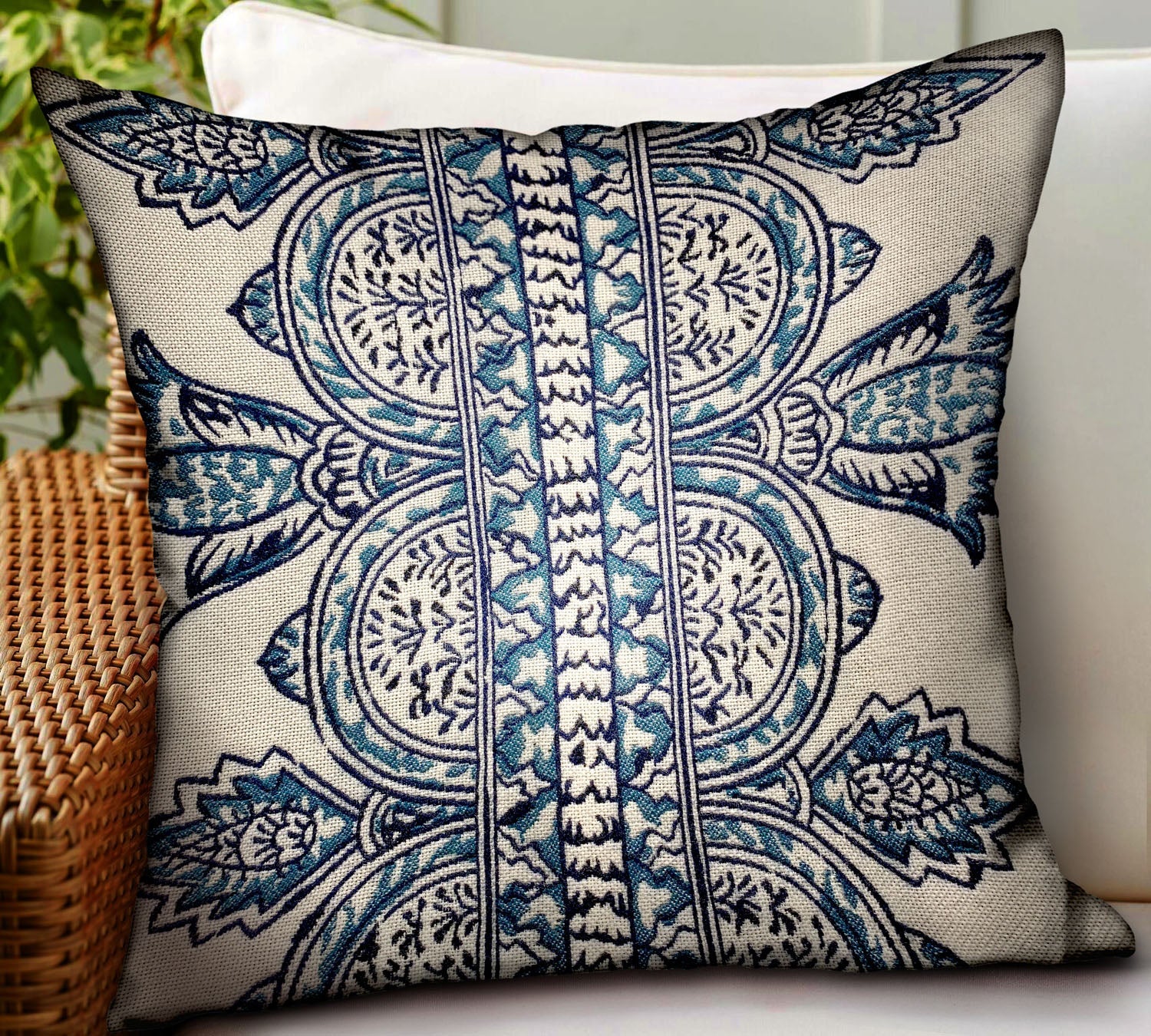 Aristocratic Floret White/ Blue Paisley Luxury Outdoor/Indoor Throw Pillow-1