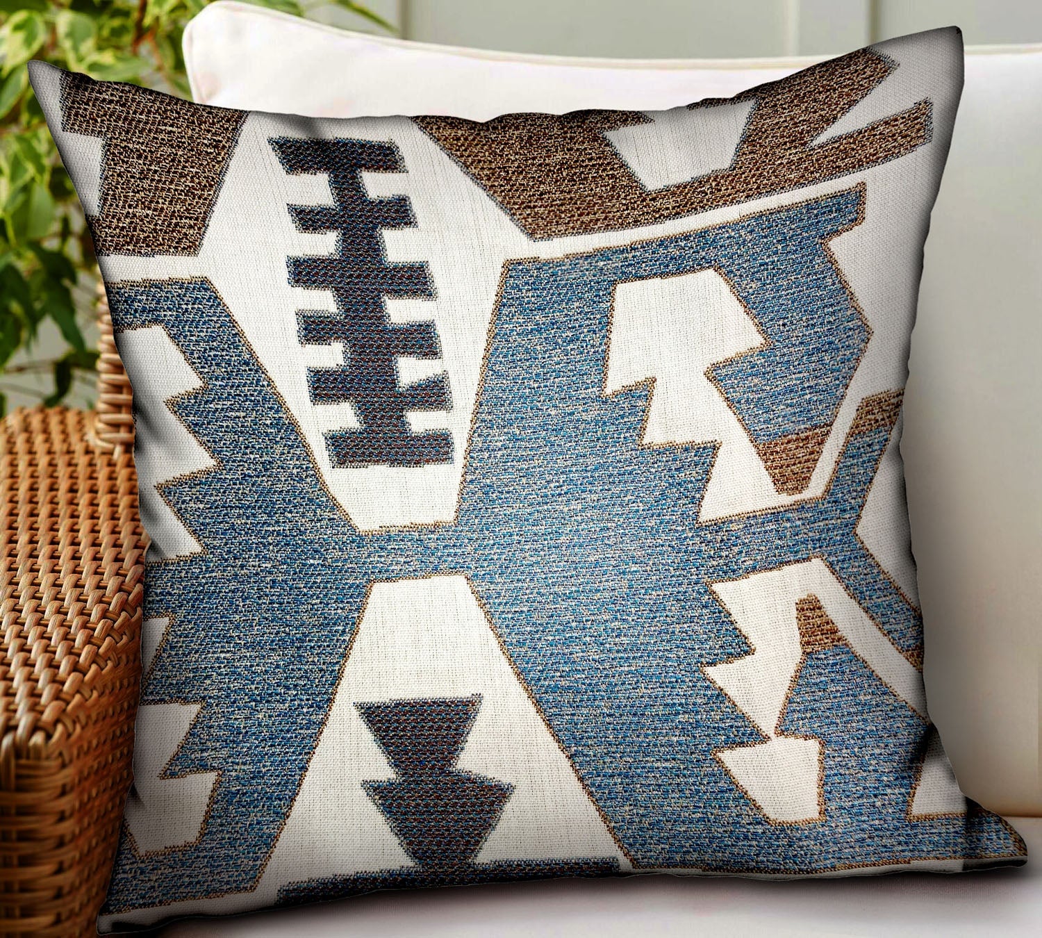 Wild Chumash Blue Brown Geometric Luxury Outdoor/Indoor Throw Pillow-1