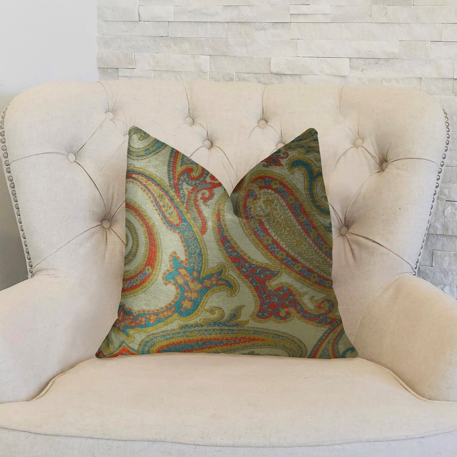 Paisley Bay Cream Red and Blue Handmade Luxury Pillow-1