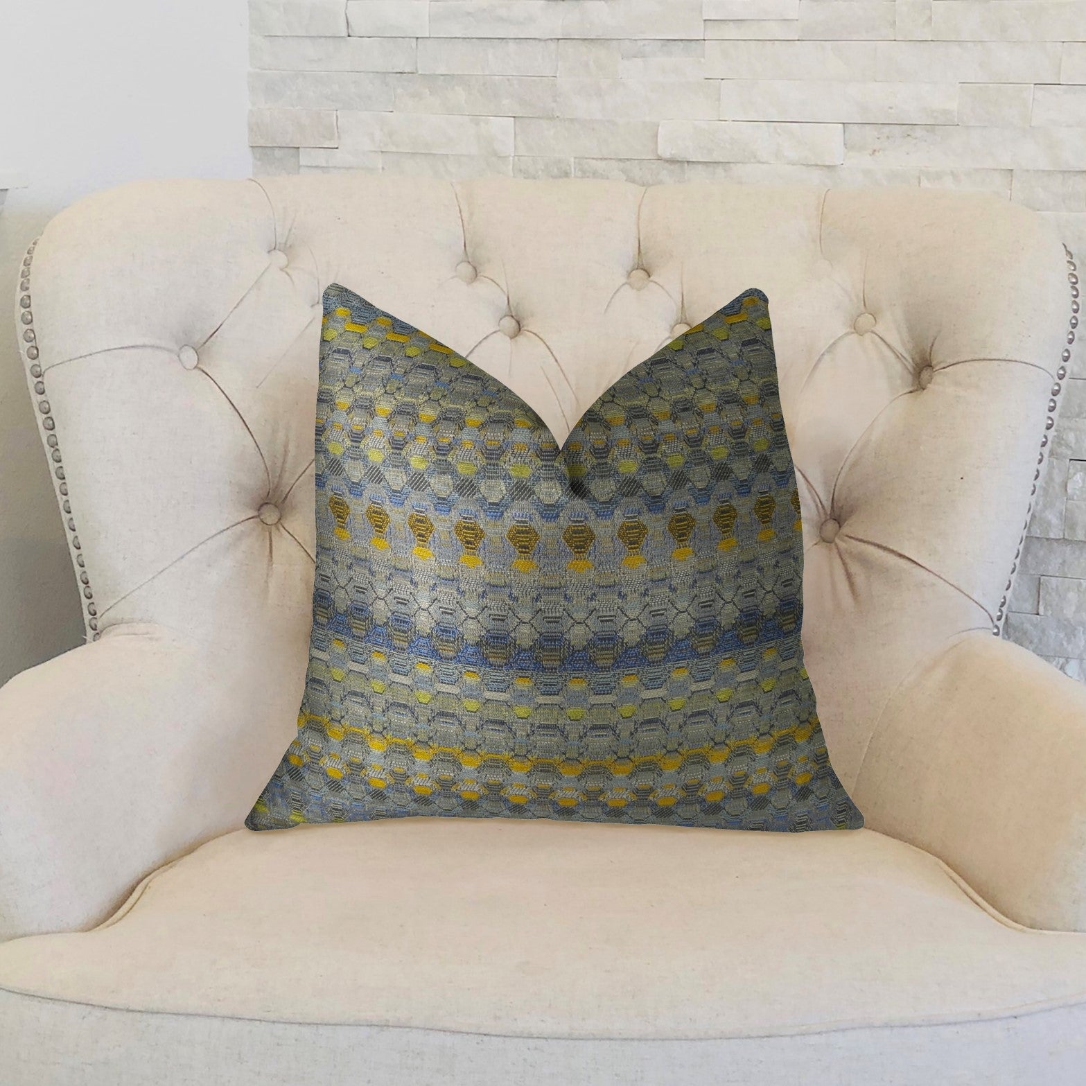 Blue Wynne Blue Navy and Yellow Handmade Luxury Pillow-1