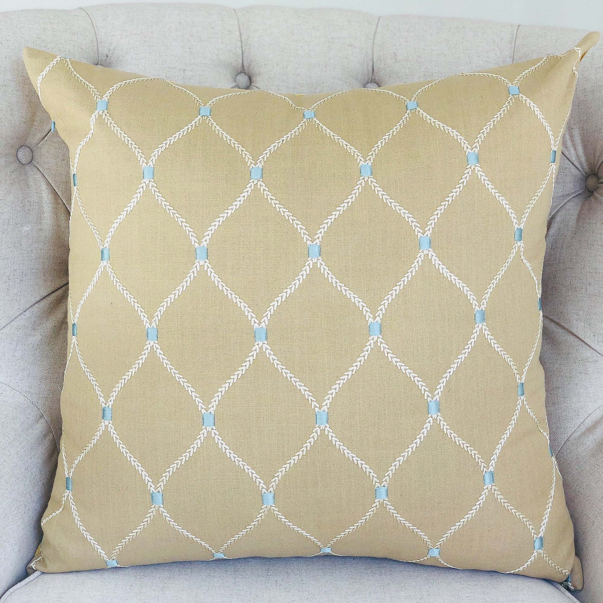 Abby  Taupe White and Blue Handmade Luxury Pillow-1