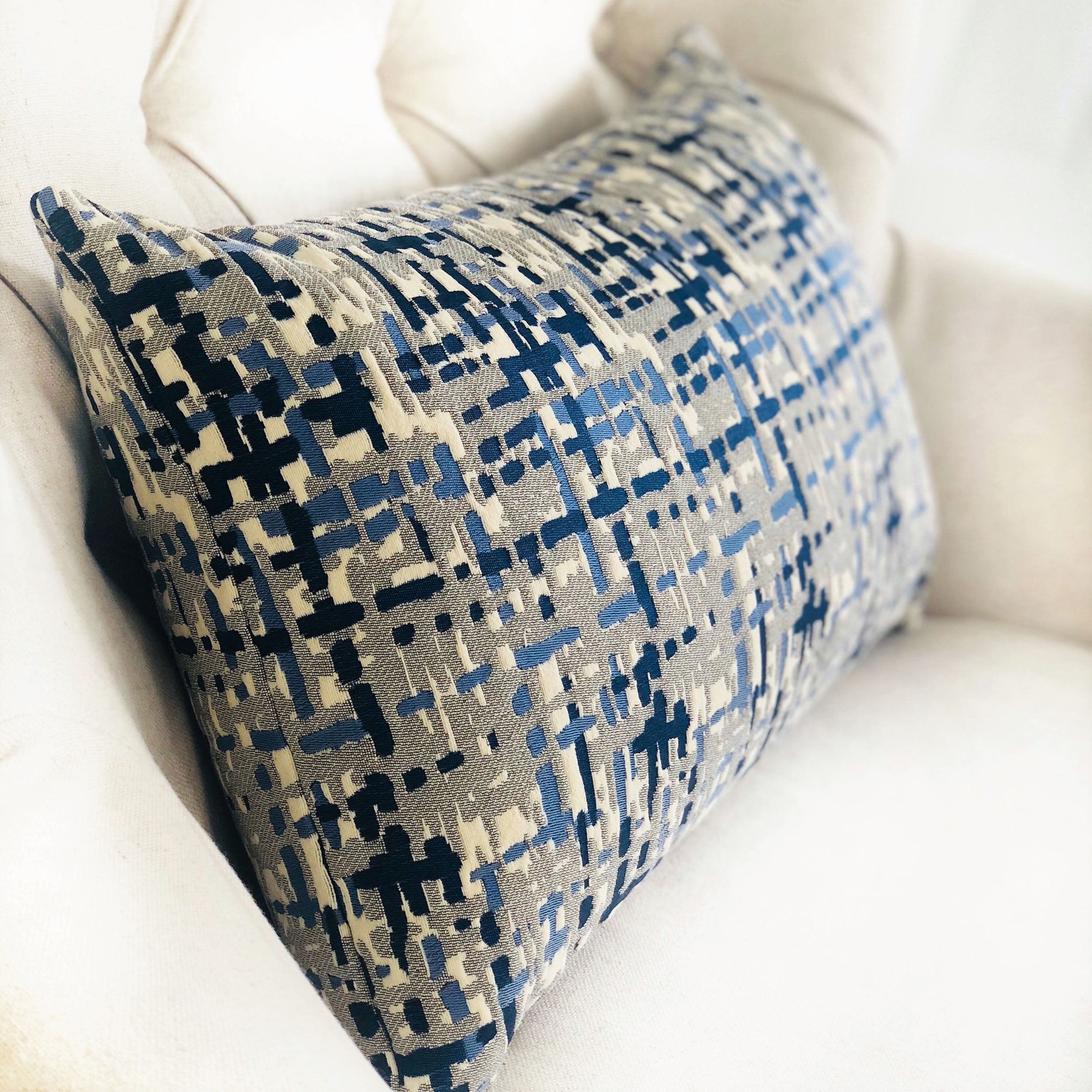 Tierra Monte Plaid Navy Blue and Gray Handmade Luxury Pillow-2