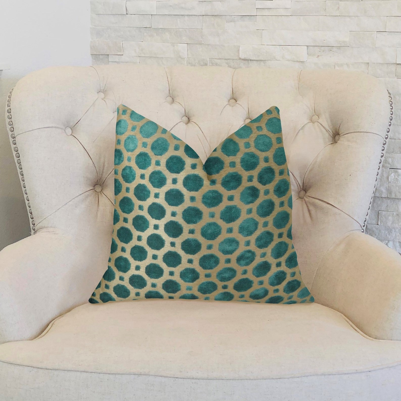 Velvet Aquamarine Turquoise and Taupe Handmade Luxury Pillow-1