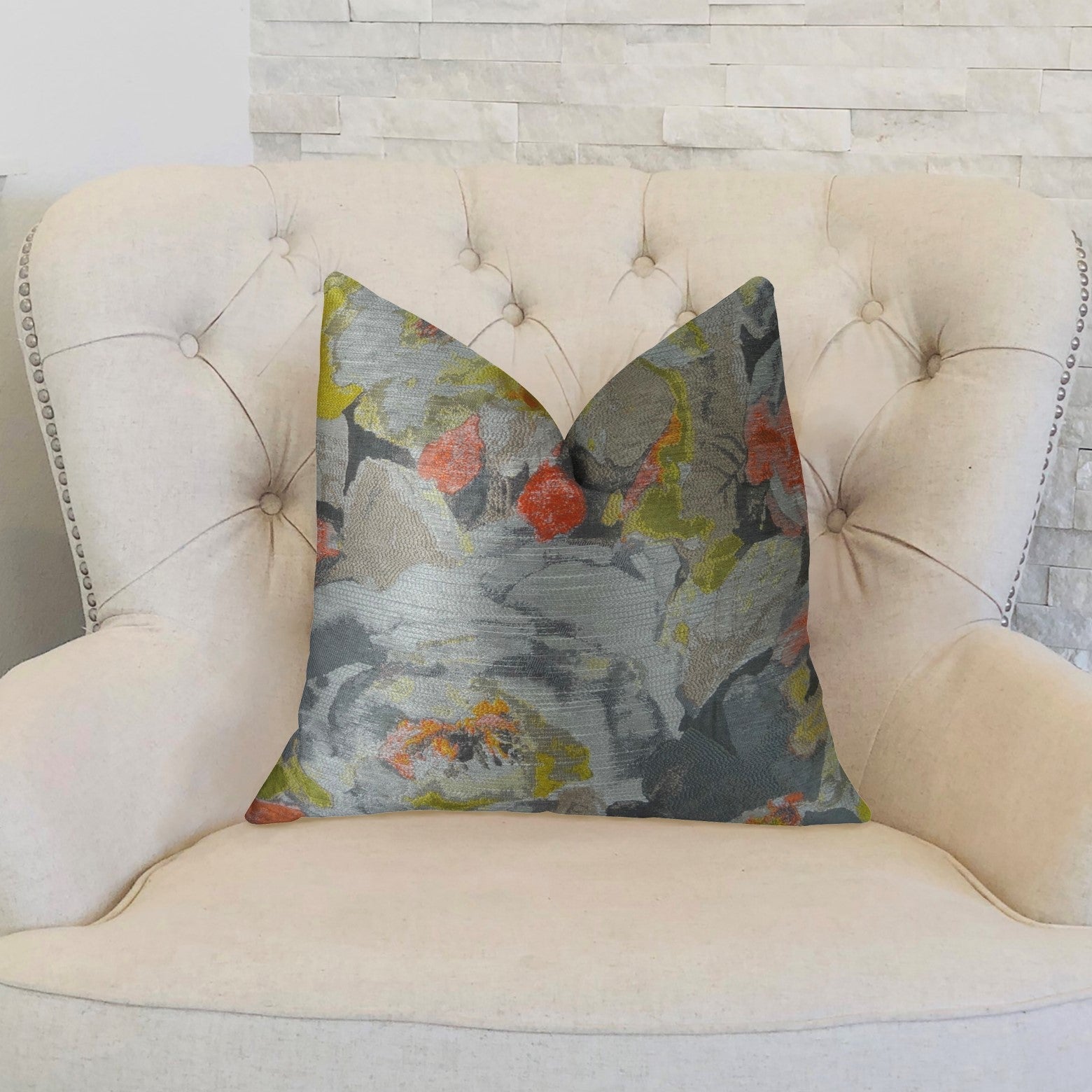 Fairy Garden  Gray Yellow and Coral Handmade Luxury Pillow-1