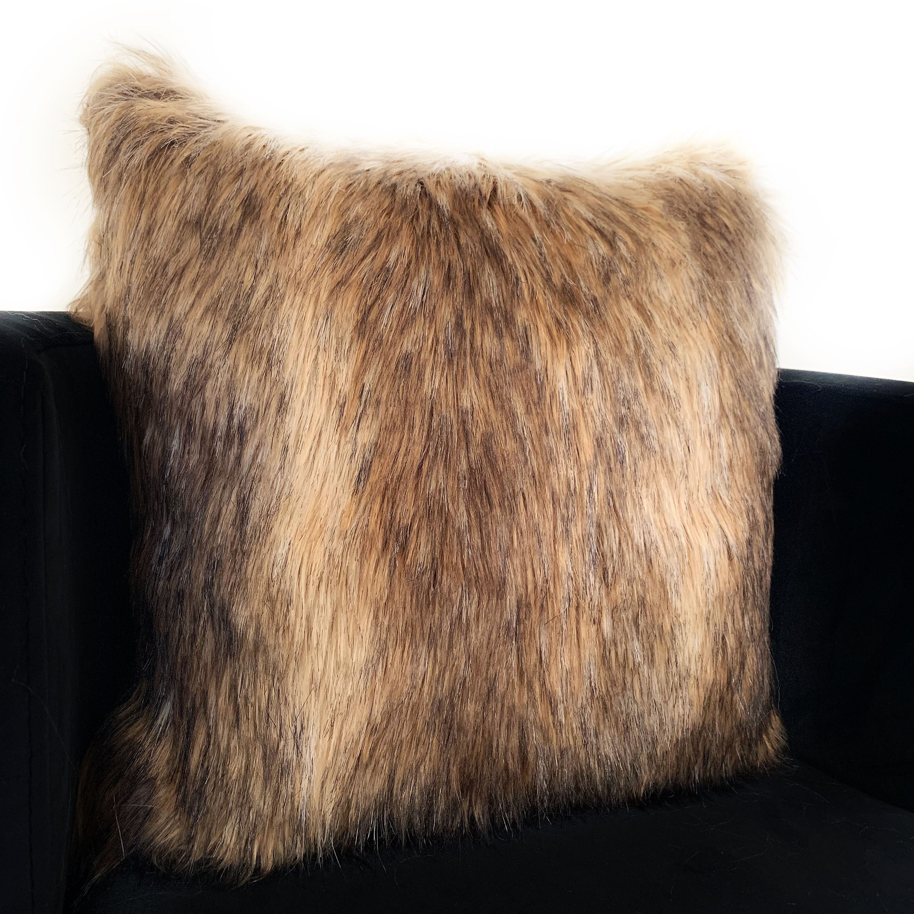 Plutus Light & Dark Brown Mountain Coyote Animal Faux Fur Luxury Throw Pillow-1