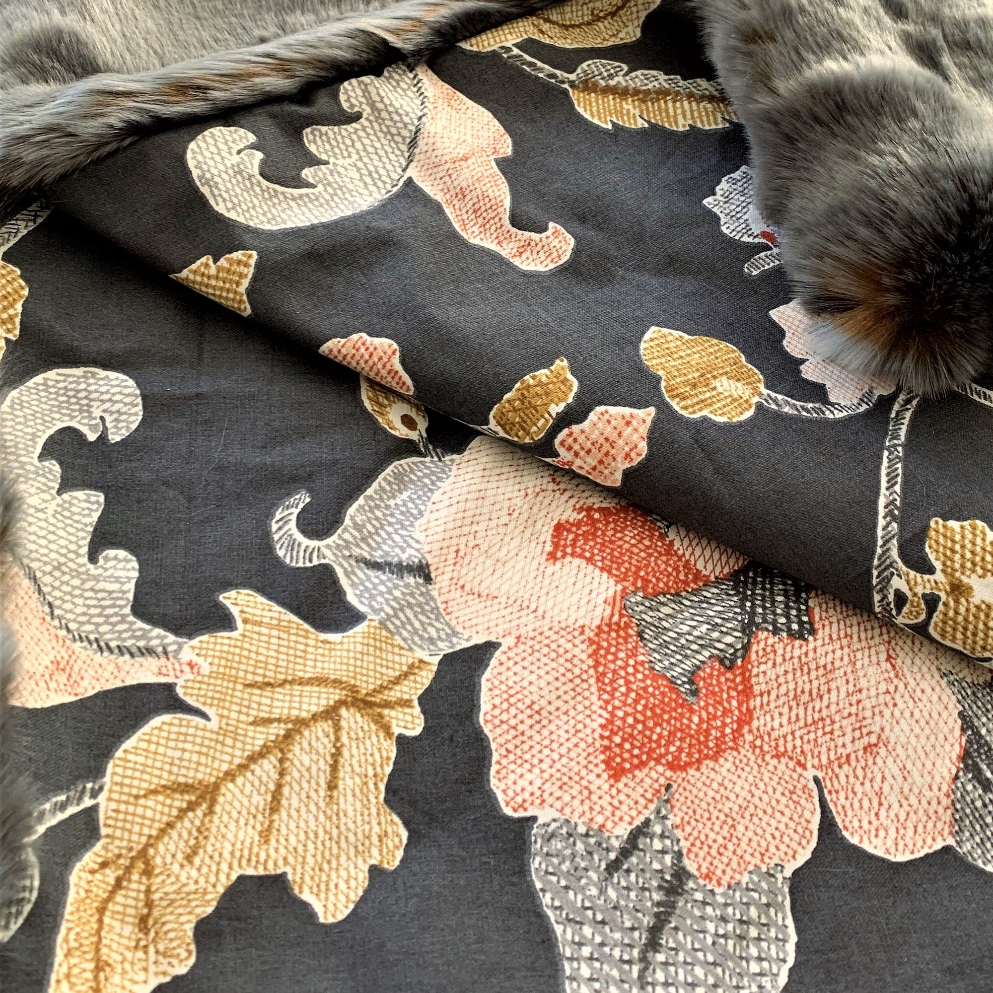 Two Tone Gray/Amber Handmade Luxury Throw with Floral Backing-2