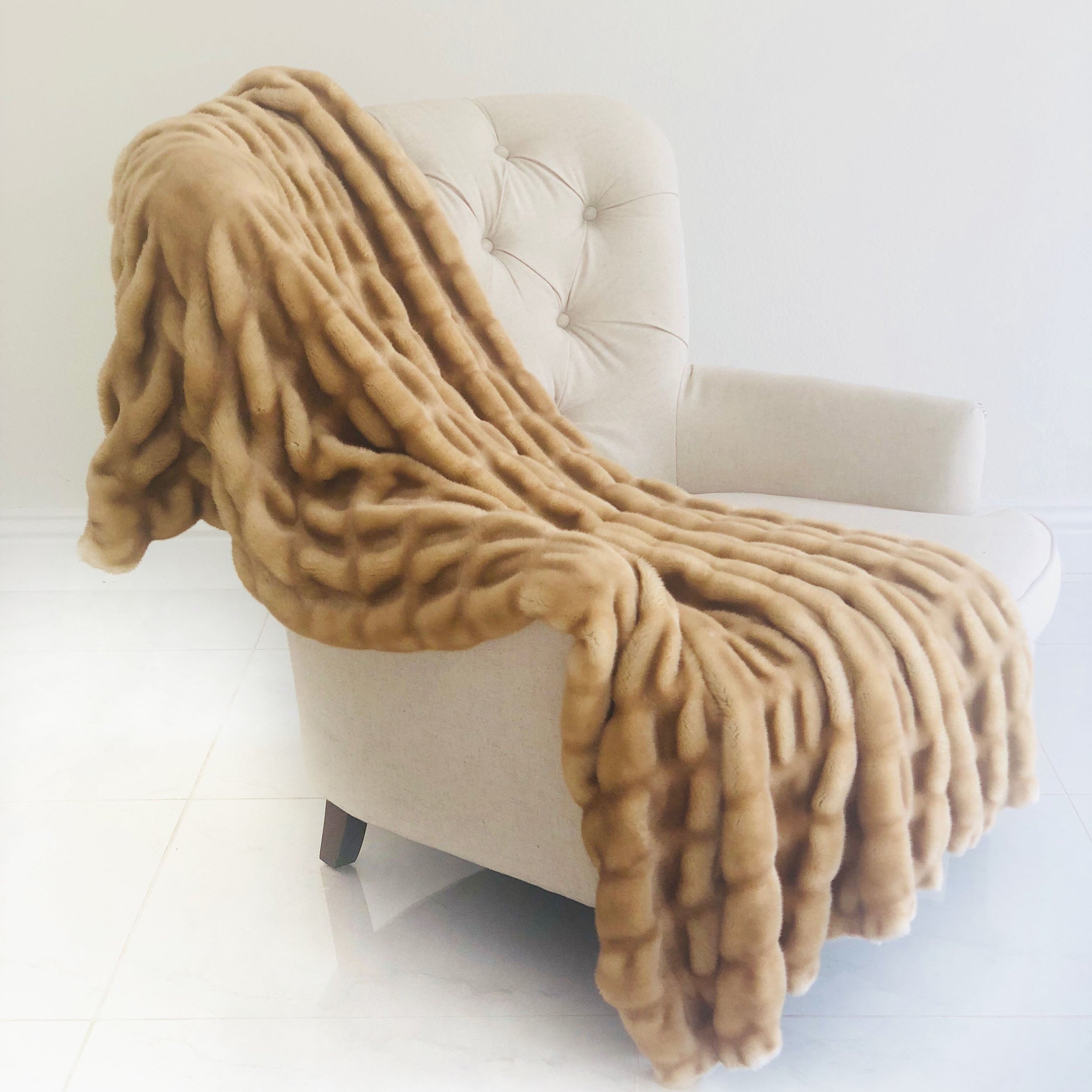 Beige Tissavel Mink Faux Fur Handmade Luxury Throw-1