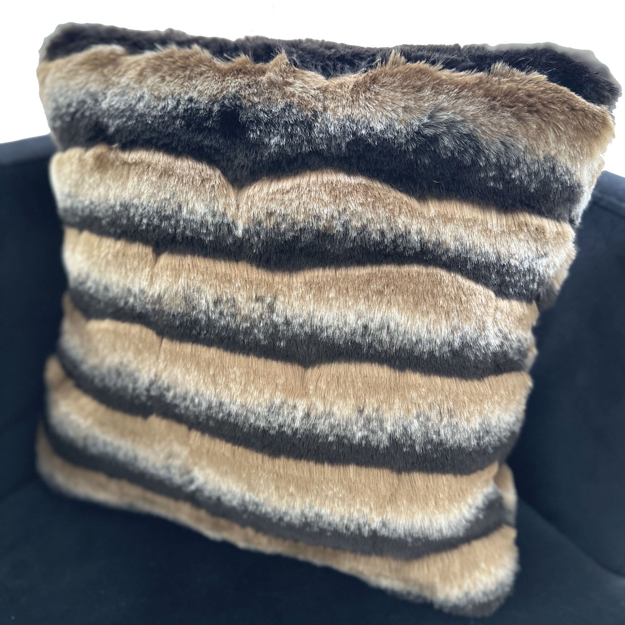 Plutus Taupe, Black Wild Wolf Animal Faux Fur Luxury Throw Pillow-1