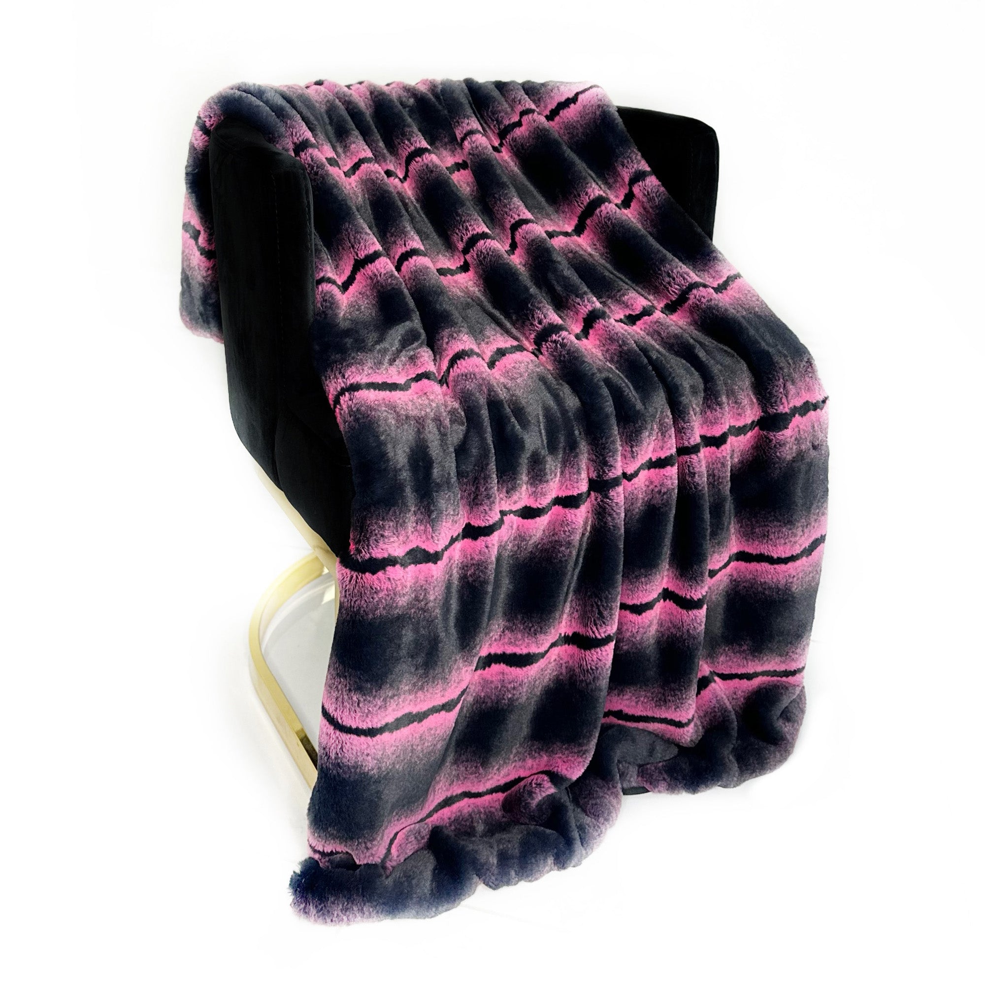 Plutus Fuchsia Black Fluffy Fields Faux Fur Luxury Throw Blanket-2