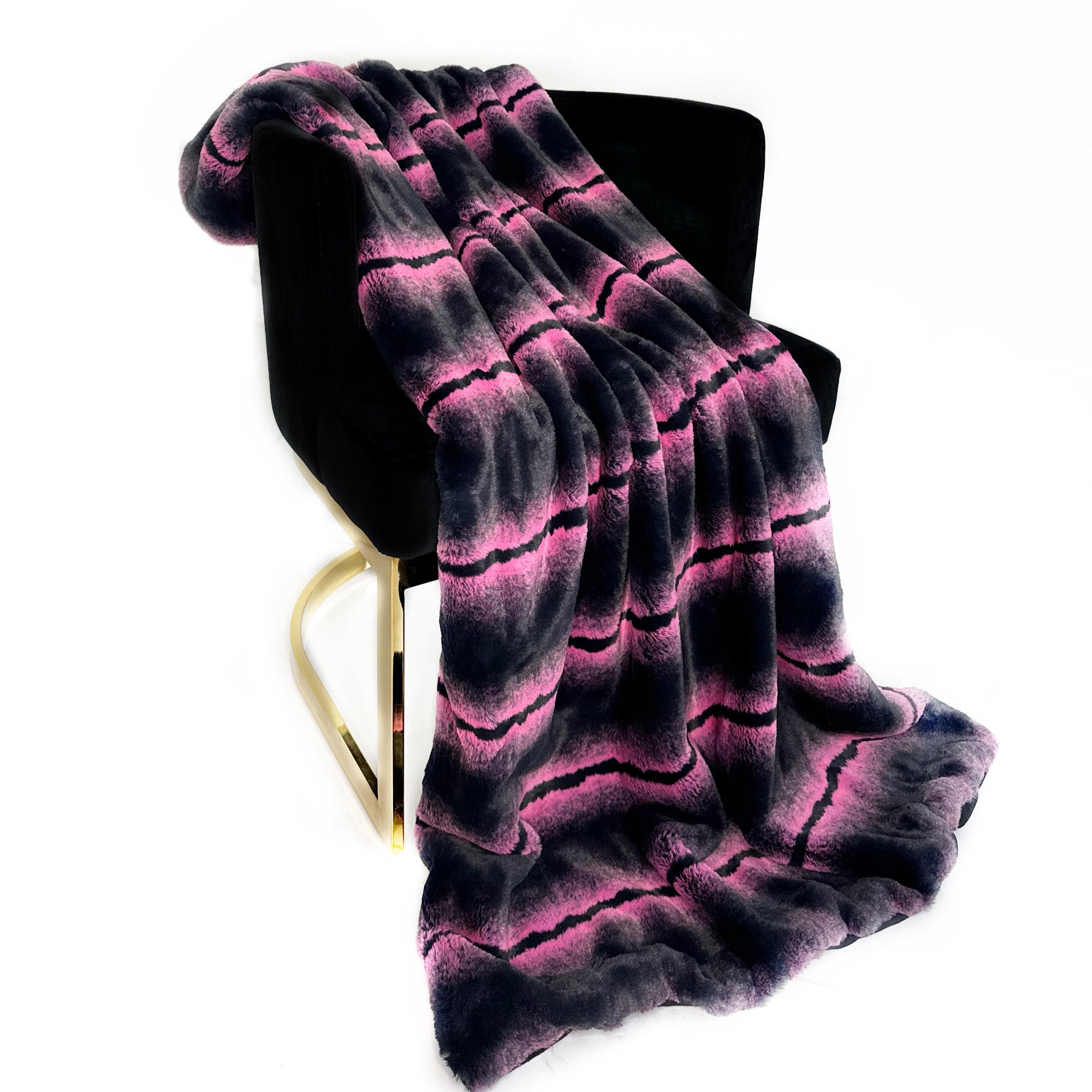 Plutus Fuchsia Black Fluffy Fields Faux Fur Luxury Throw Blanket-0